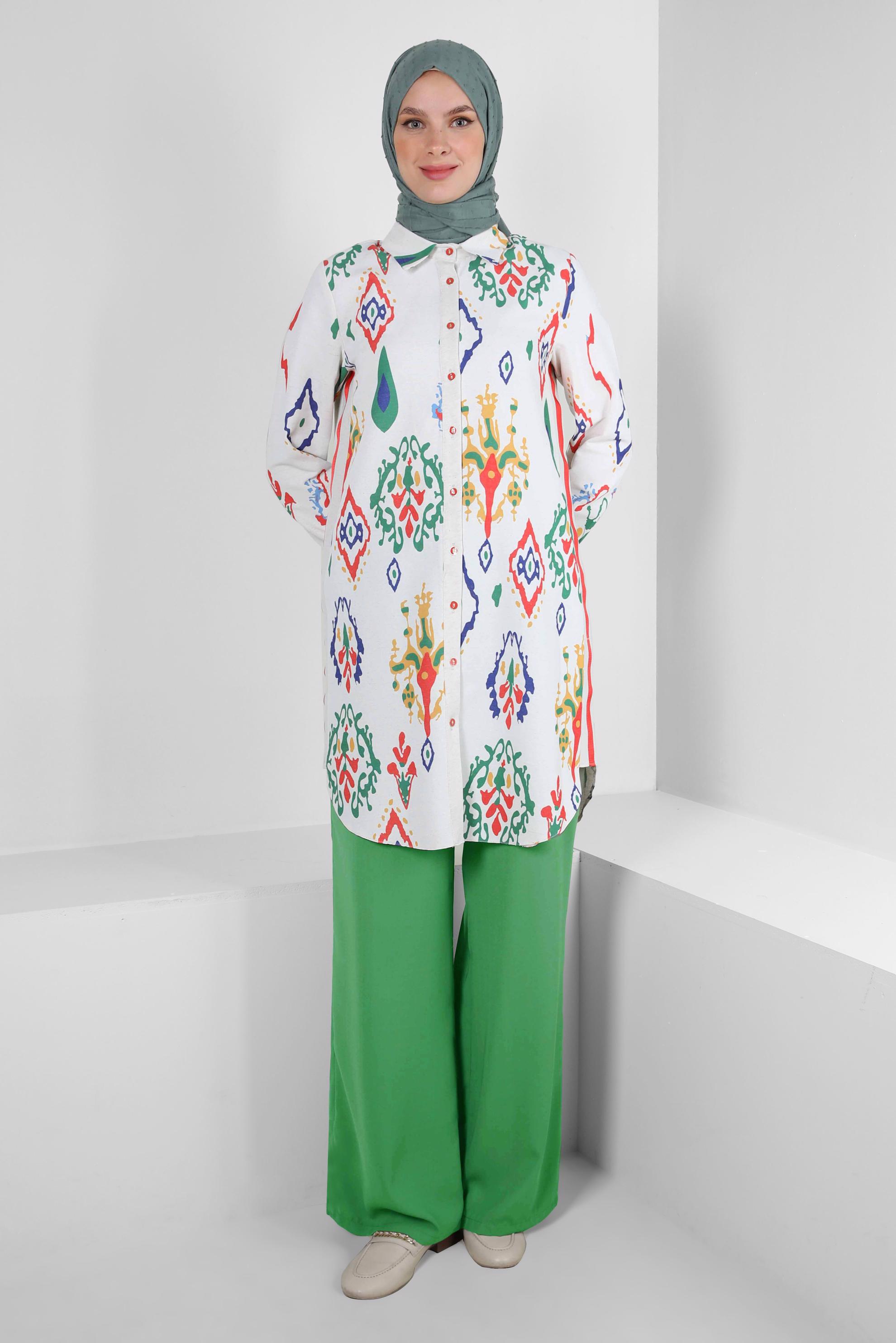 Tesettür giyim YEŞİL GENİŞ PAÇA BAĞCIK DETAYLI PANTOLON 70512