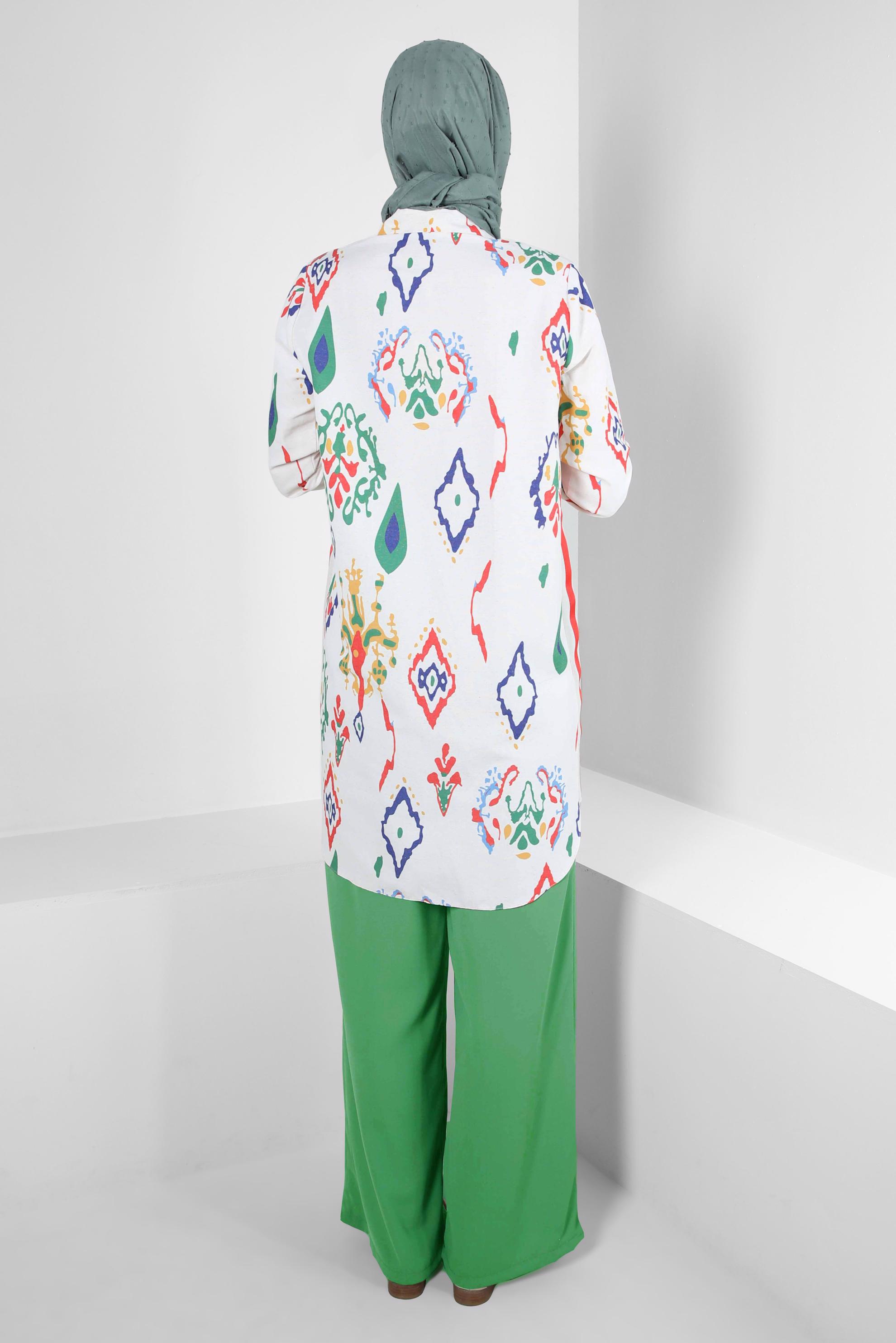 Tesettür giyim YEŞİL GENİŞ PAÇA BAĞCIK DETAYLI PANTOLON 70512