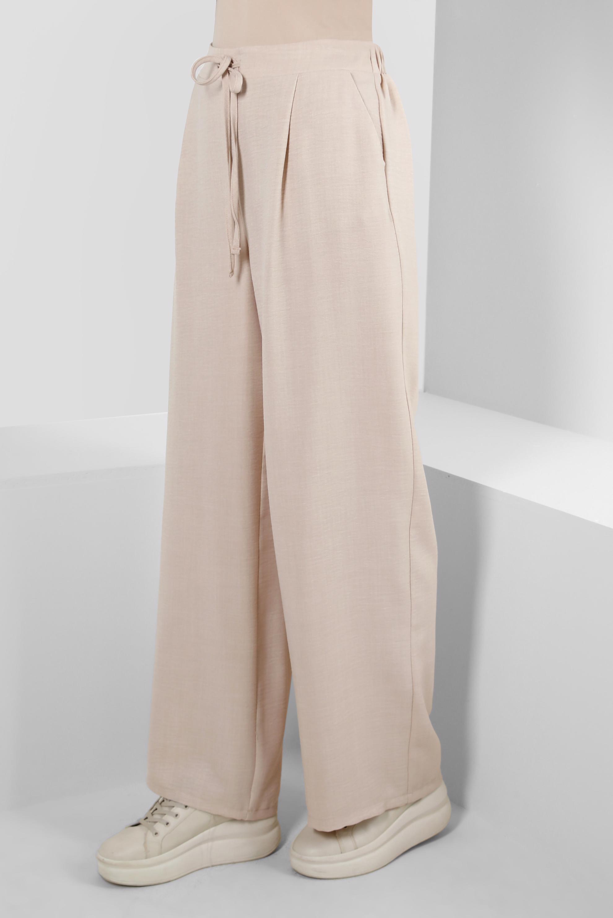 Tesettür giyim BEJ GENİŞ PAÇA BAĞCIK DETAYLI PANTOLON 70512