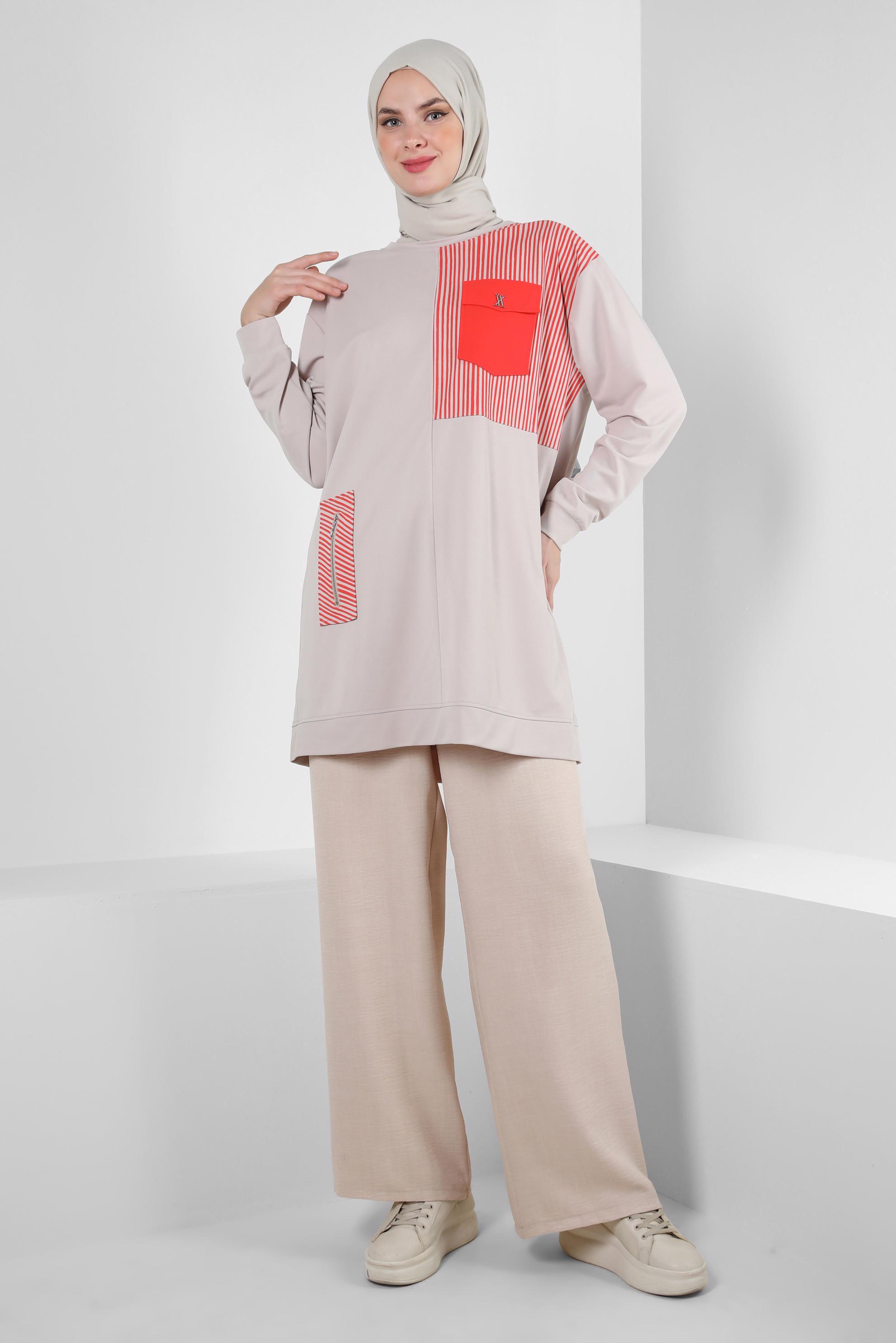 Tesettür giyim BEJ GENİŞ PAÇA BAĞCIK DETAYLI PANTOLON 70512