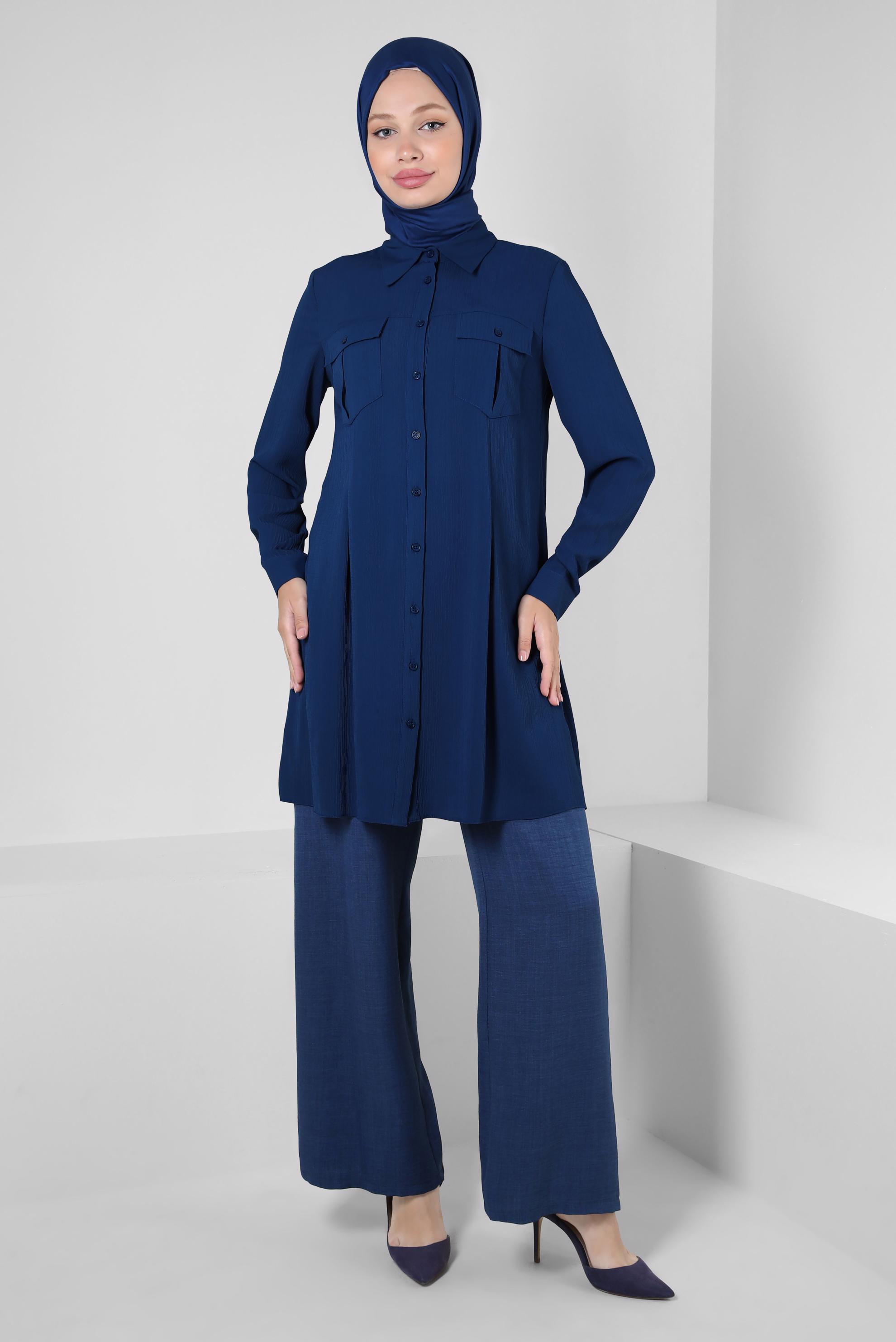 Tesettür giyim LACİVERT GENİŞ PAÇA BAĞCIK DETAYLI PANTOLON 70512