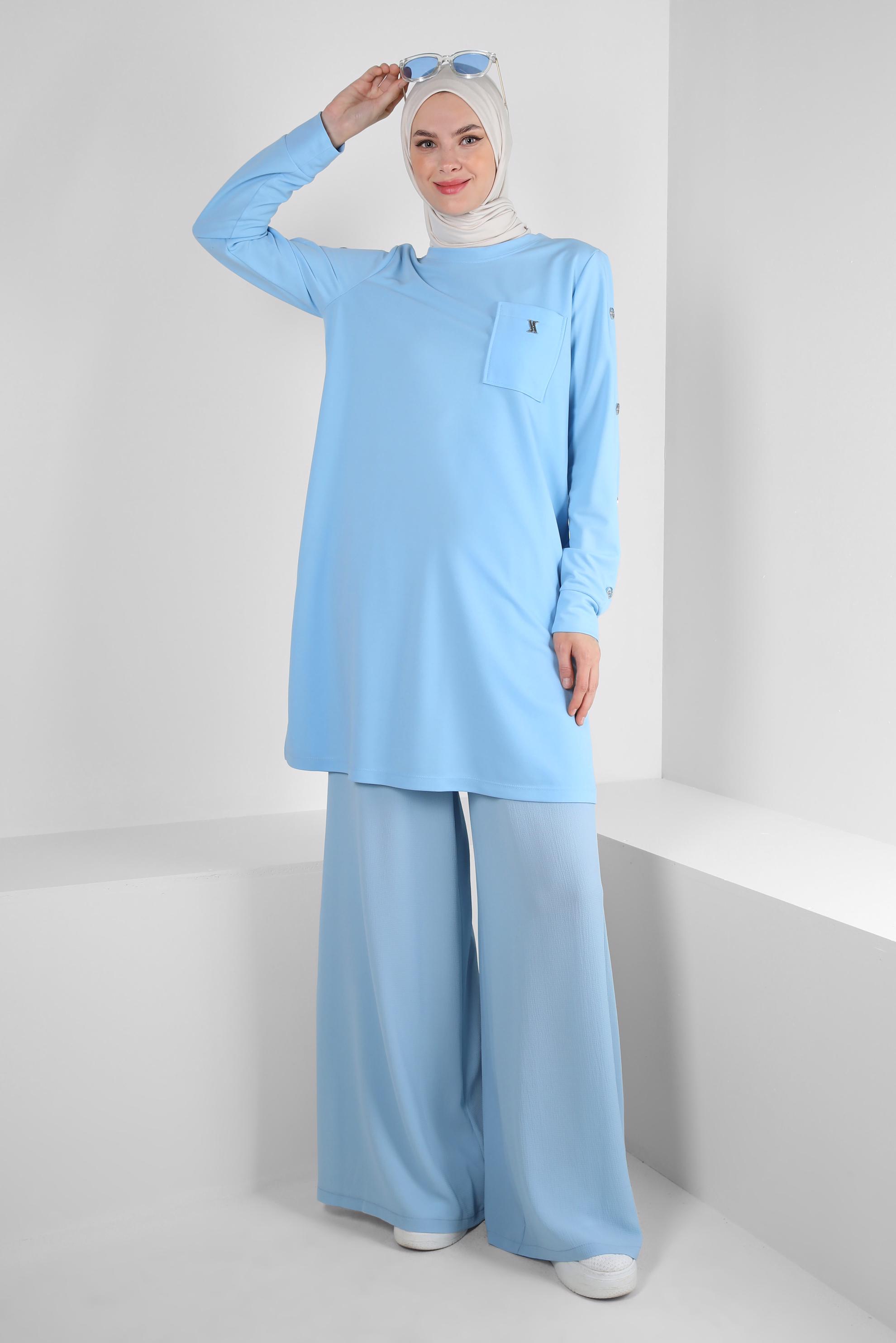 Tesettür giyim MAVİ BOL PAÇA BELİ LASTİKLİ CEPLİ PANTOLON 70516