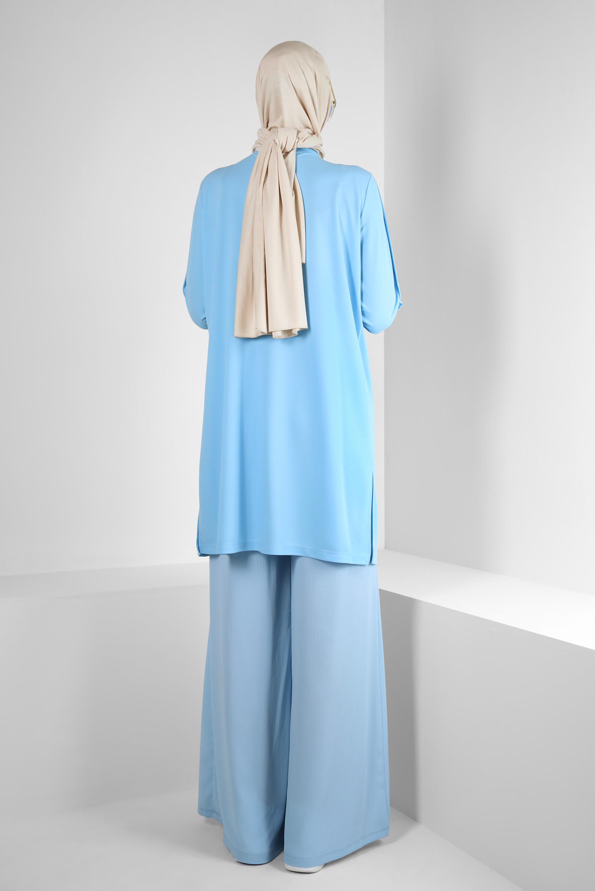 Tesettür giyim MAVİ BOL PAÇA BELİ LASTİKLİ CEPLİ PANTOLON 70516