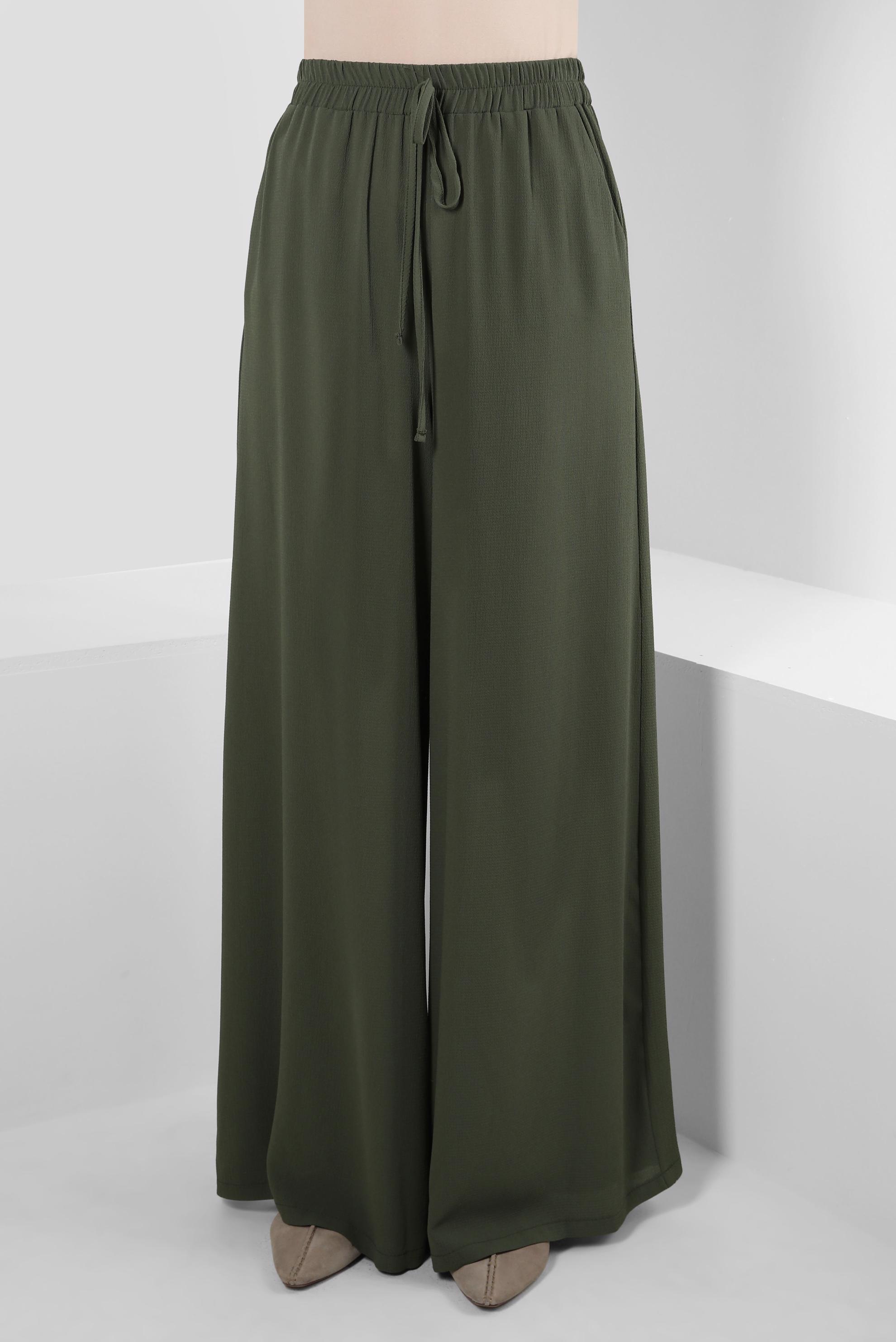 Tesettür giyim HAKİ BOL PAÇA BELİ LASTİKLİ CEPLİ PANTOLON 70516