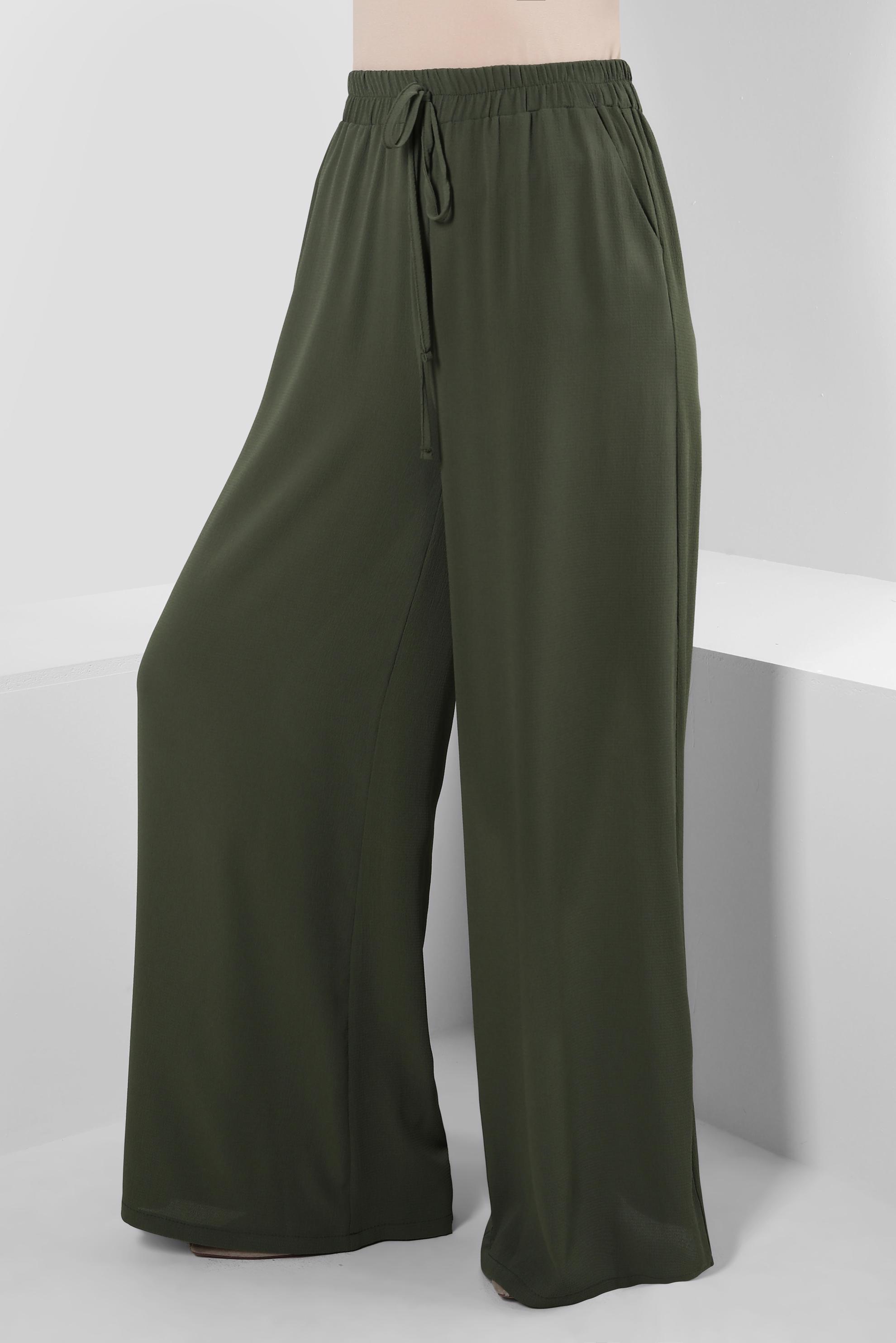 Tesettür giyim HAKİ BOL PAÇA BELİ LASTİKLİ CEPLİ PANTOLON 70516