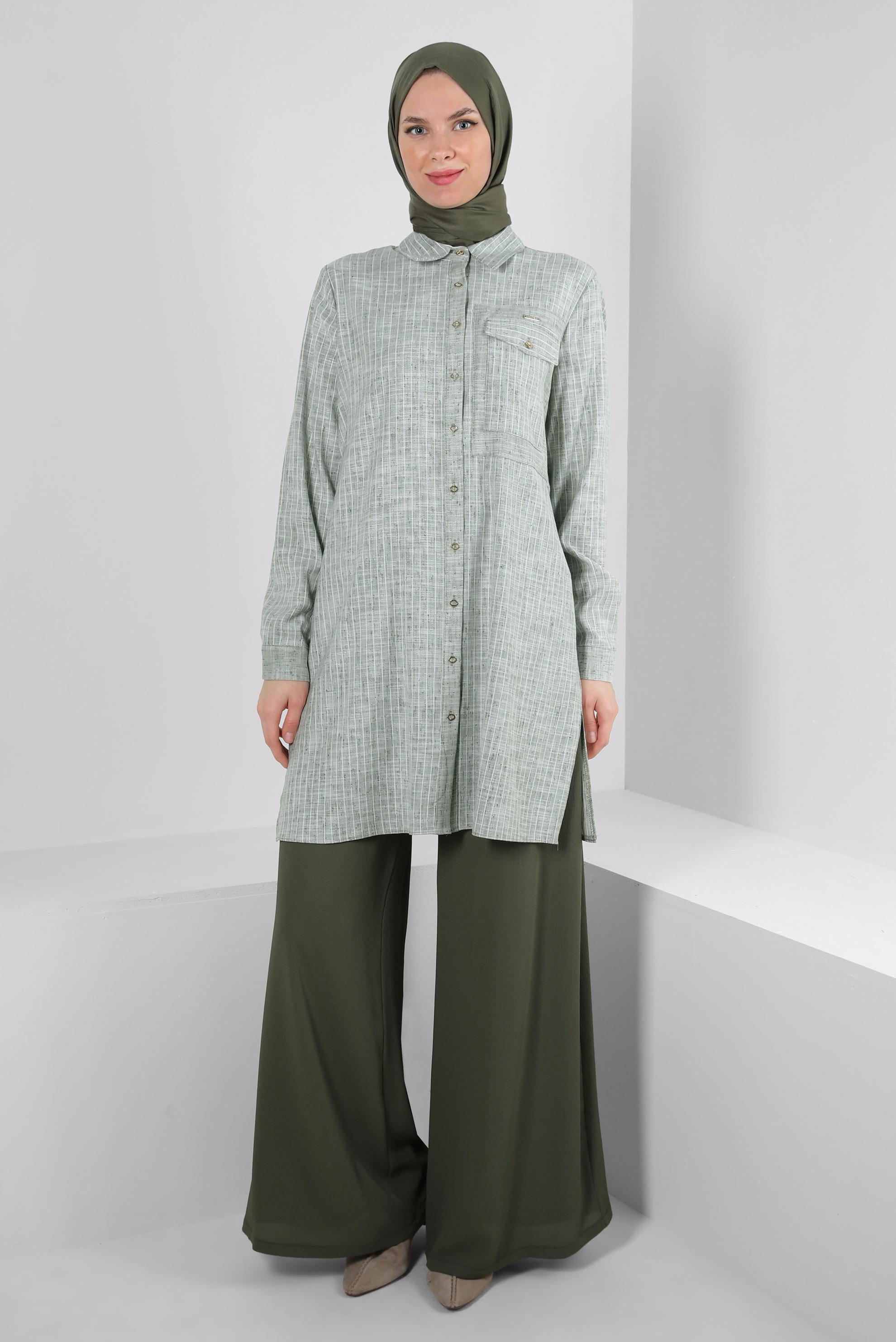 Tesettür giyim HAKİ BOL PAÇA BELİ LASTİKLİ CEPLİ PANTOLON 70516