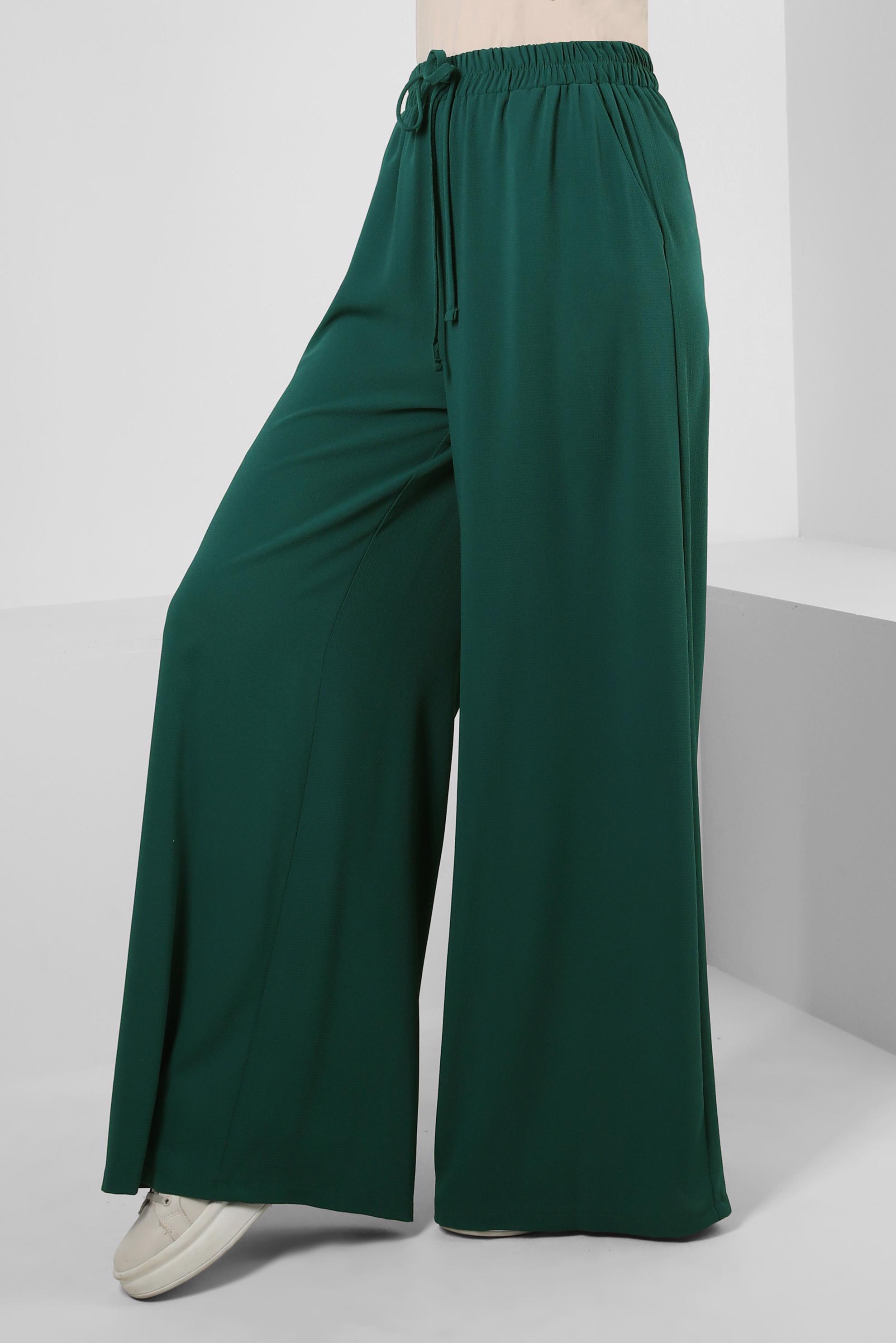 Tesettür giyim YEŞİL BOL PAÇA BELİ LASTİKLİ CEPLİ PANTOLON 70516