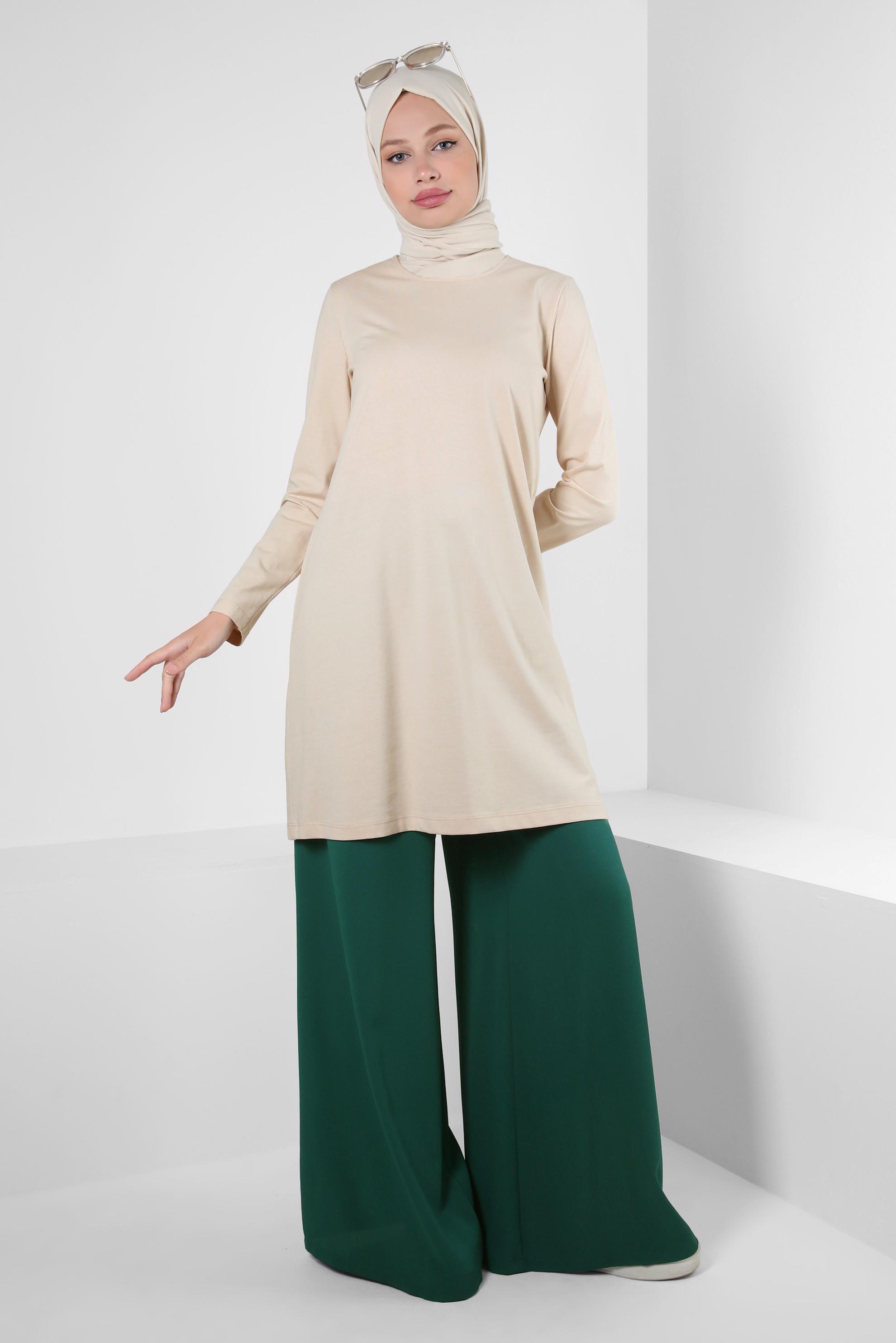 Tesettür giyim YEŞİL BOL PAÇA BELİ LASTİKLİ CEPLİ PANTOLON 70516