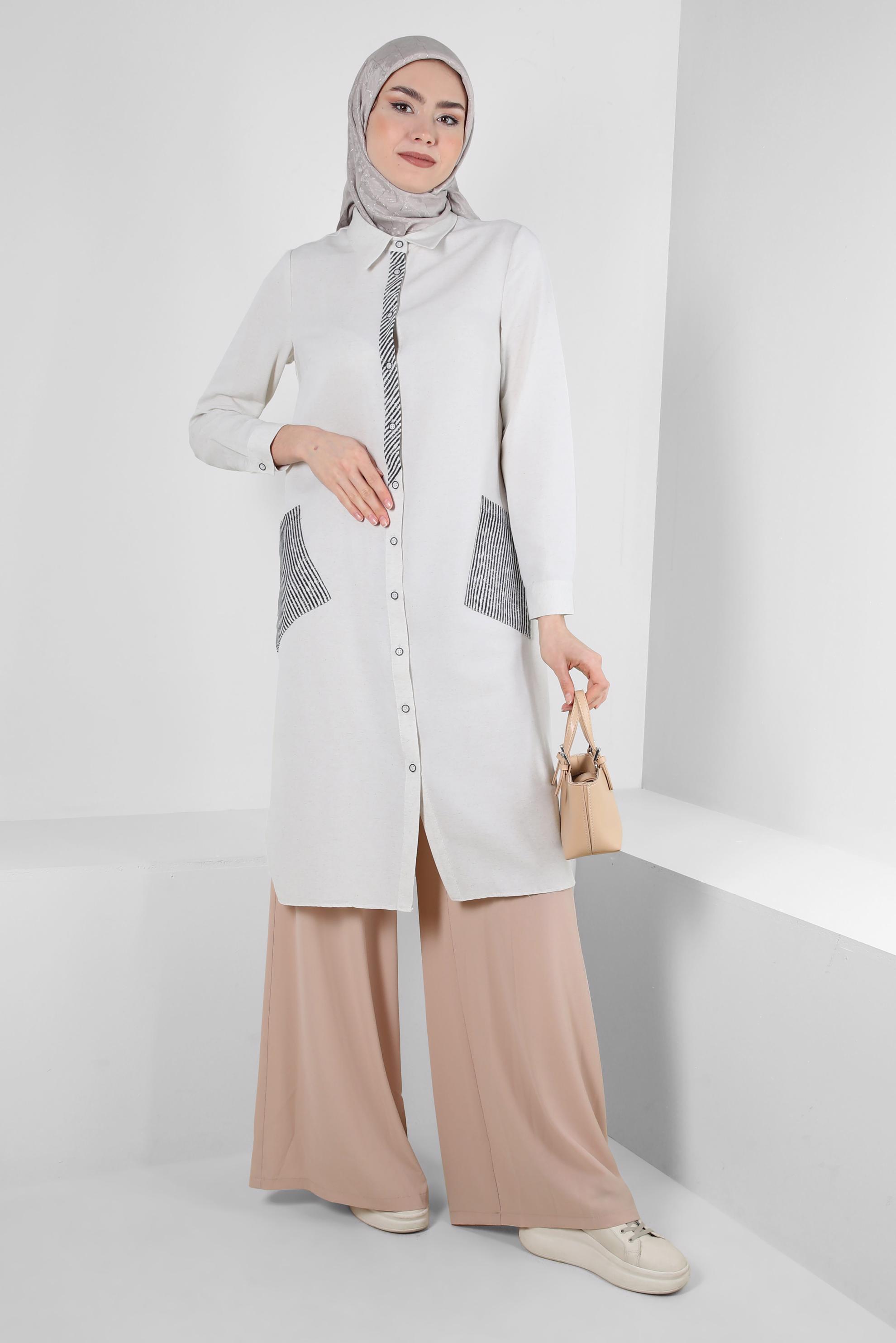 Tesettür giyim EKRU BOL PAÇA BELİ LASTİKLİ CEPLİ PANTOLON 70516