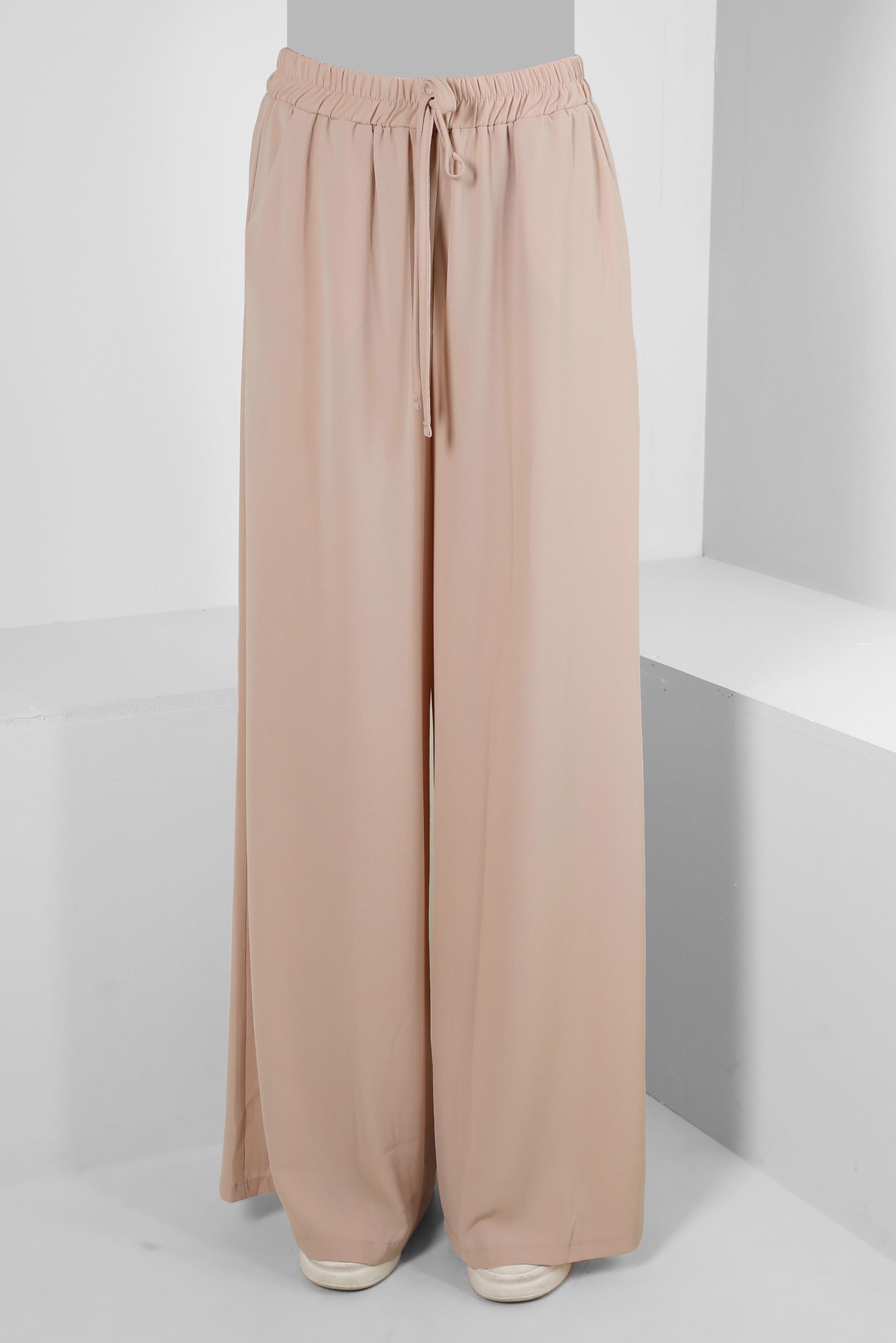 Tesettür giyim EKRU BOL PAÇA BELİ LASTİKLİ CEPLİ PANTOLON 70516