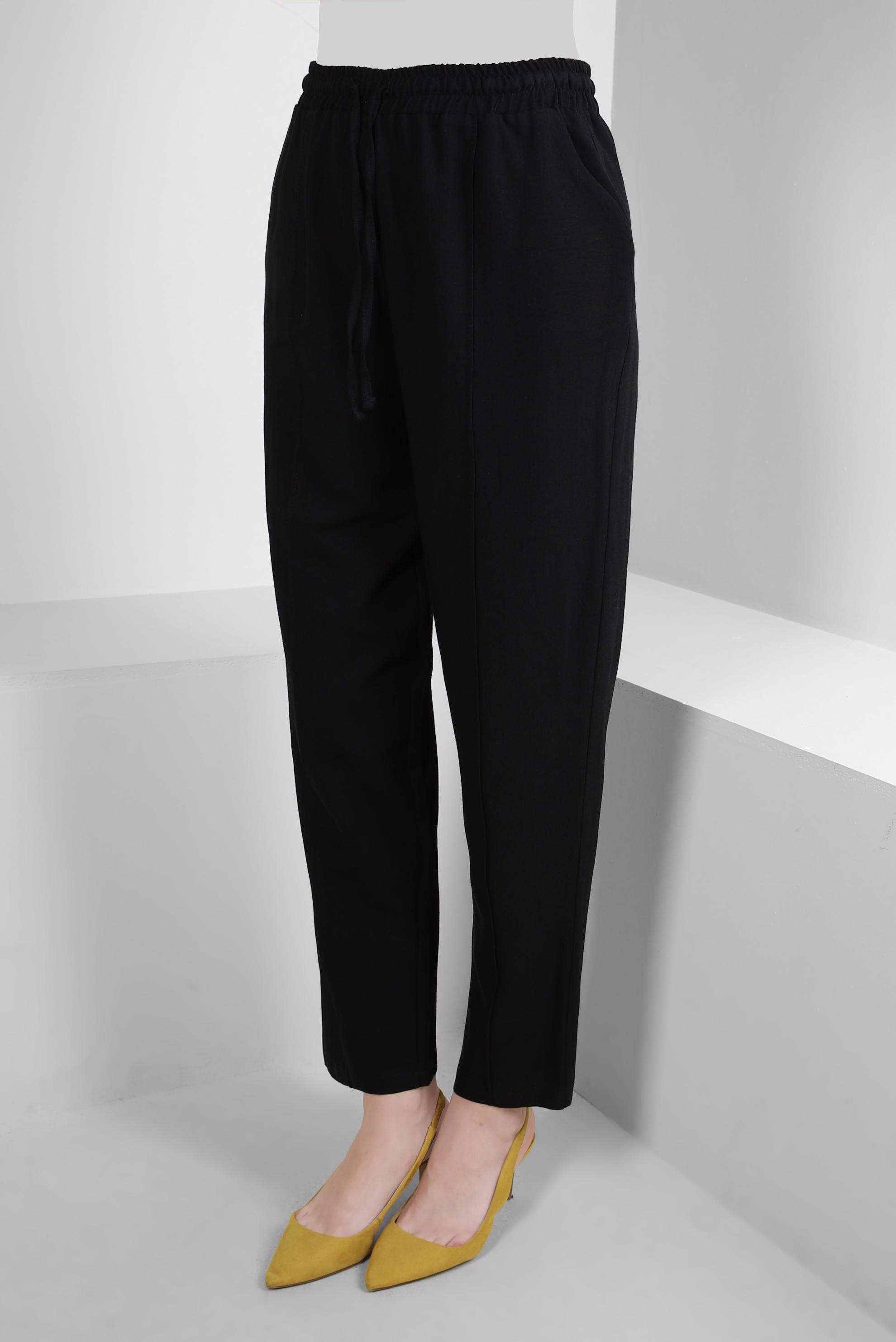 Tesettür giyim SİYAH BELİ LASTİKLİ KETEN PANTOLON 70518