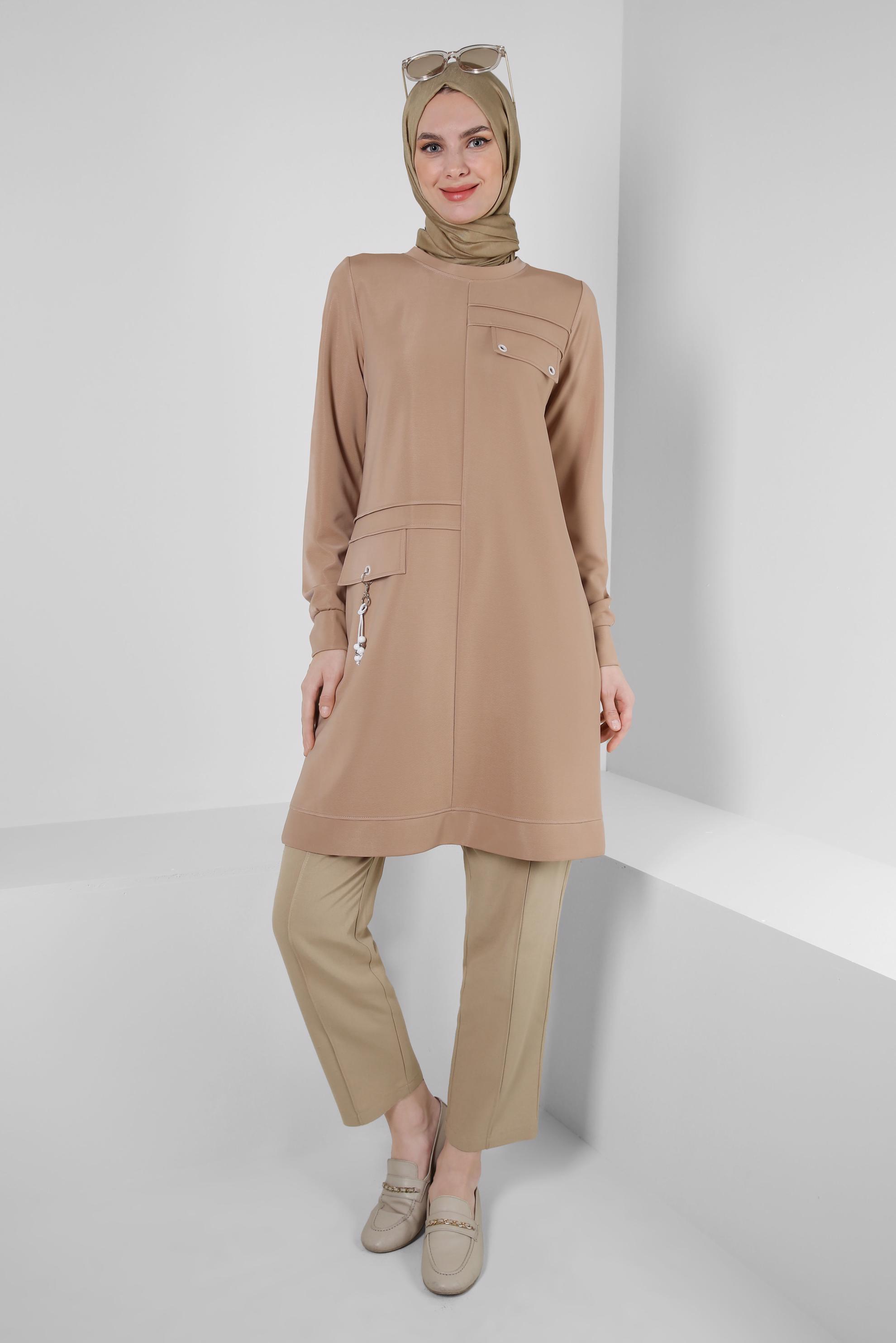 Tesettür giyim BEJ BELİ LASTİKLİ KETEN PANTOLON 70518