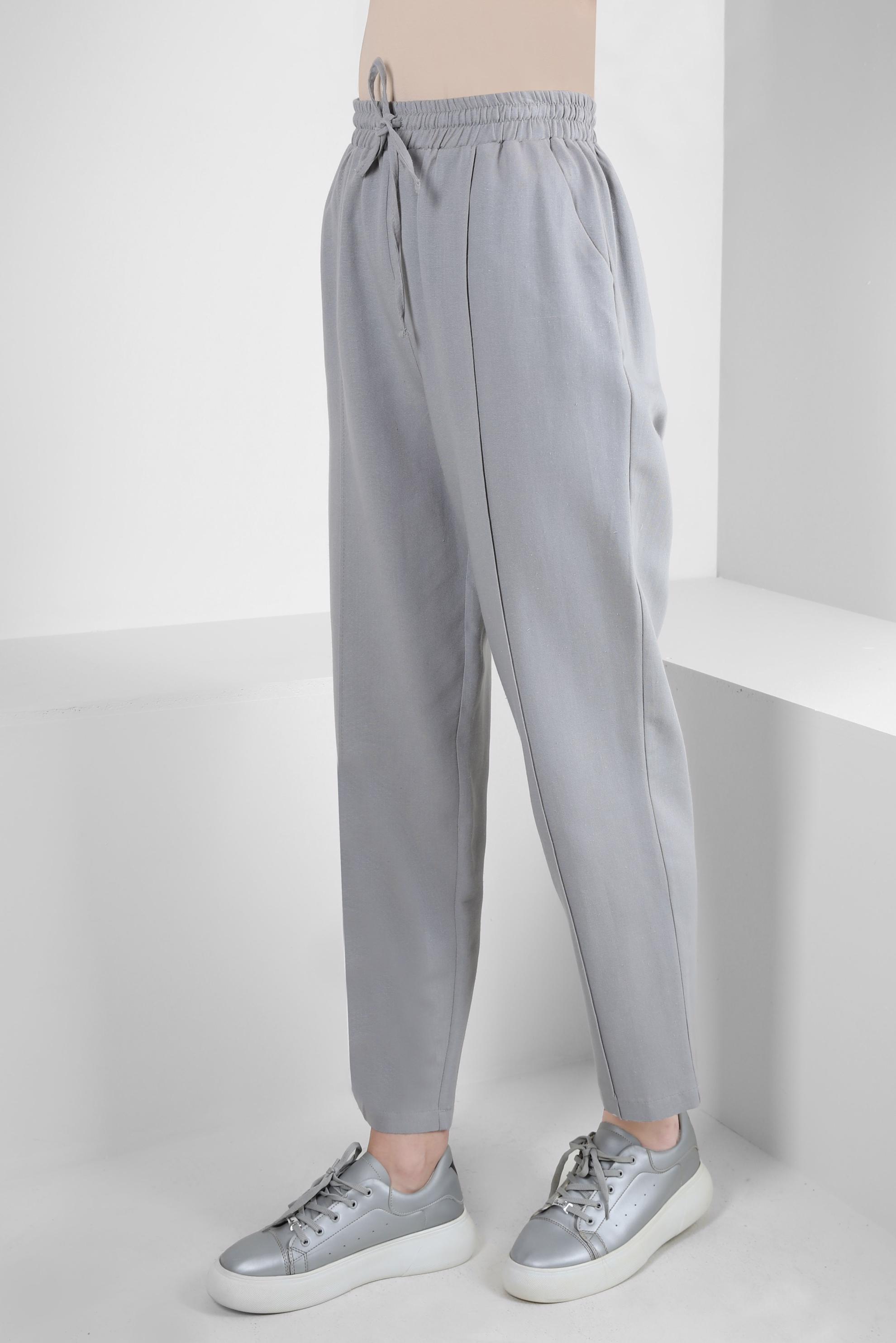Tesettür giyim GRİ BELİ LASTİKLİ KETEN PANTOLON 70518