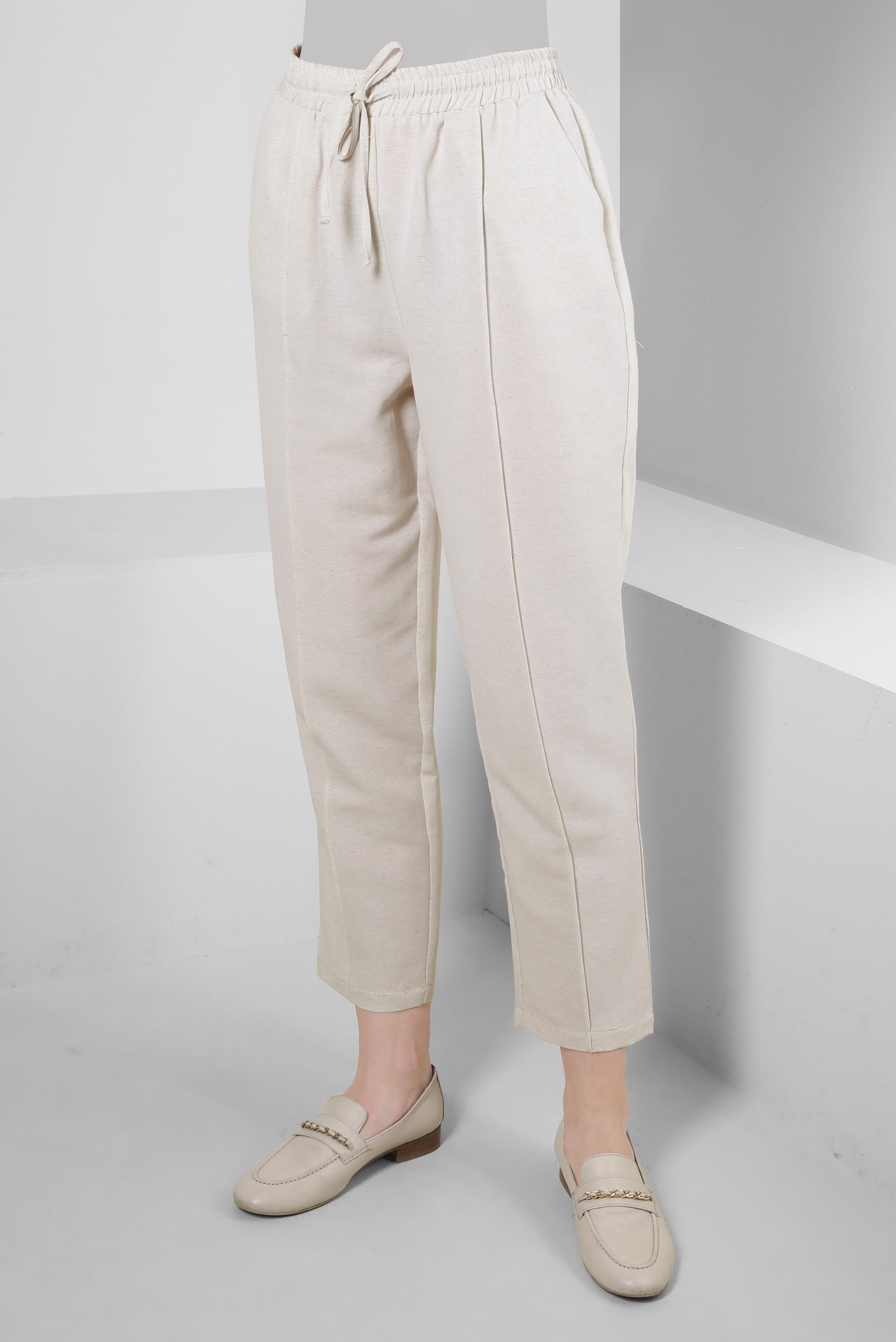 Tesettür giyim EKRU BELİ LASTİKLİ KETEN PANTOLON 70518