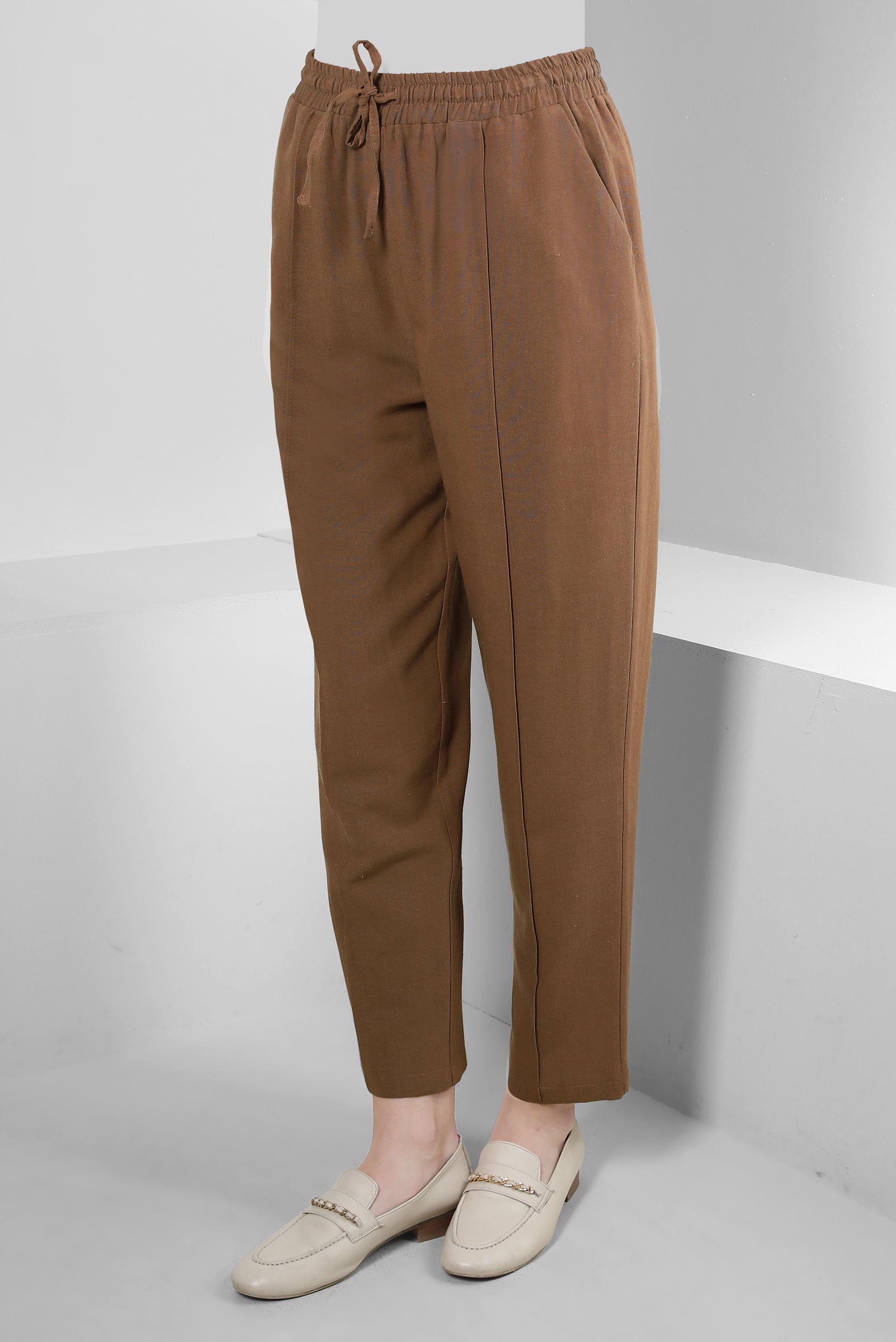 Tesettür giyim KAHVE BELİ LASTİKLİ KETEN PANTOLON 70518