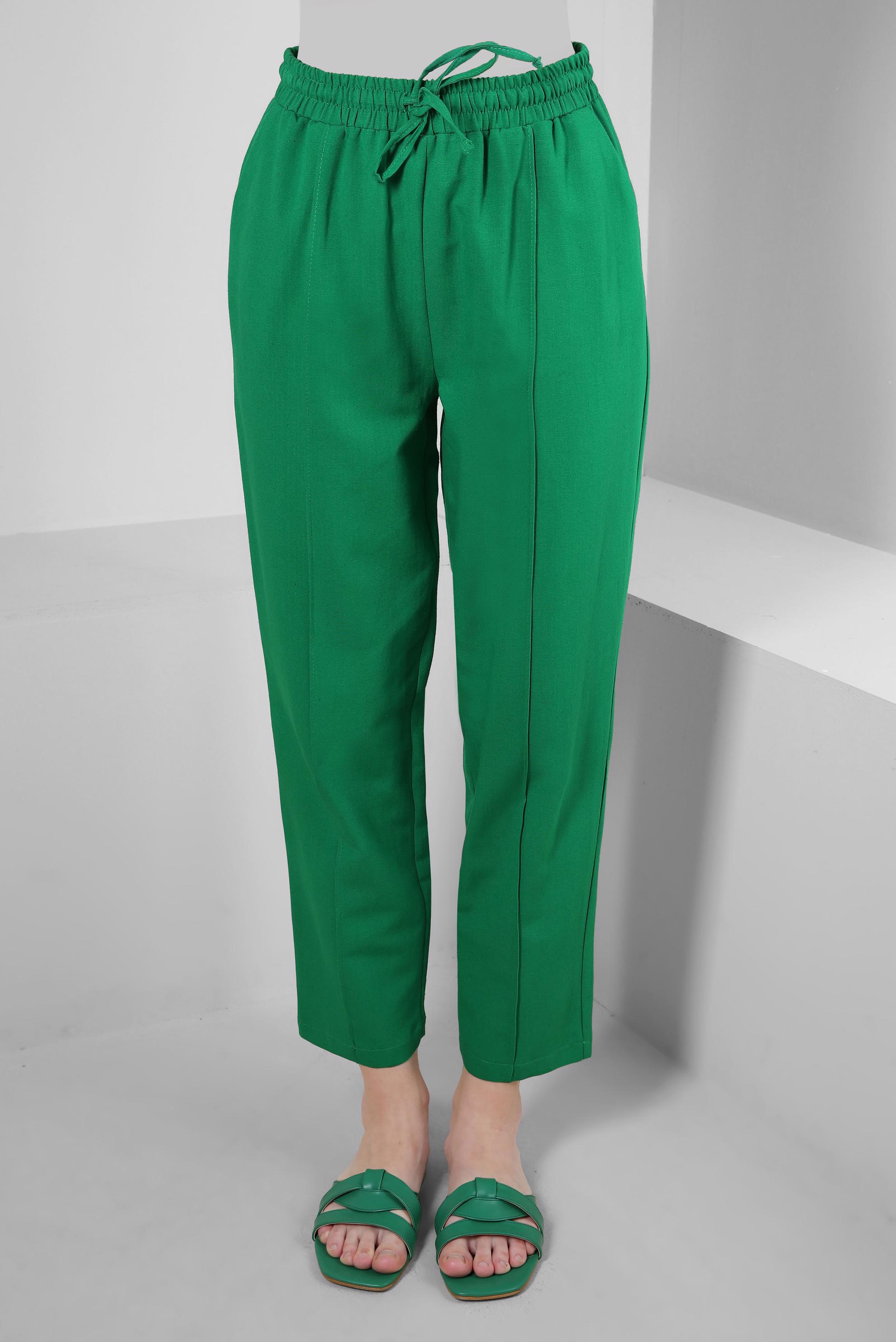 Tesettür giyim YEŞİL BELİ LASTİKLİ KETEN PANTOLON 70518