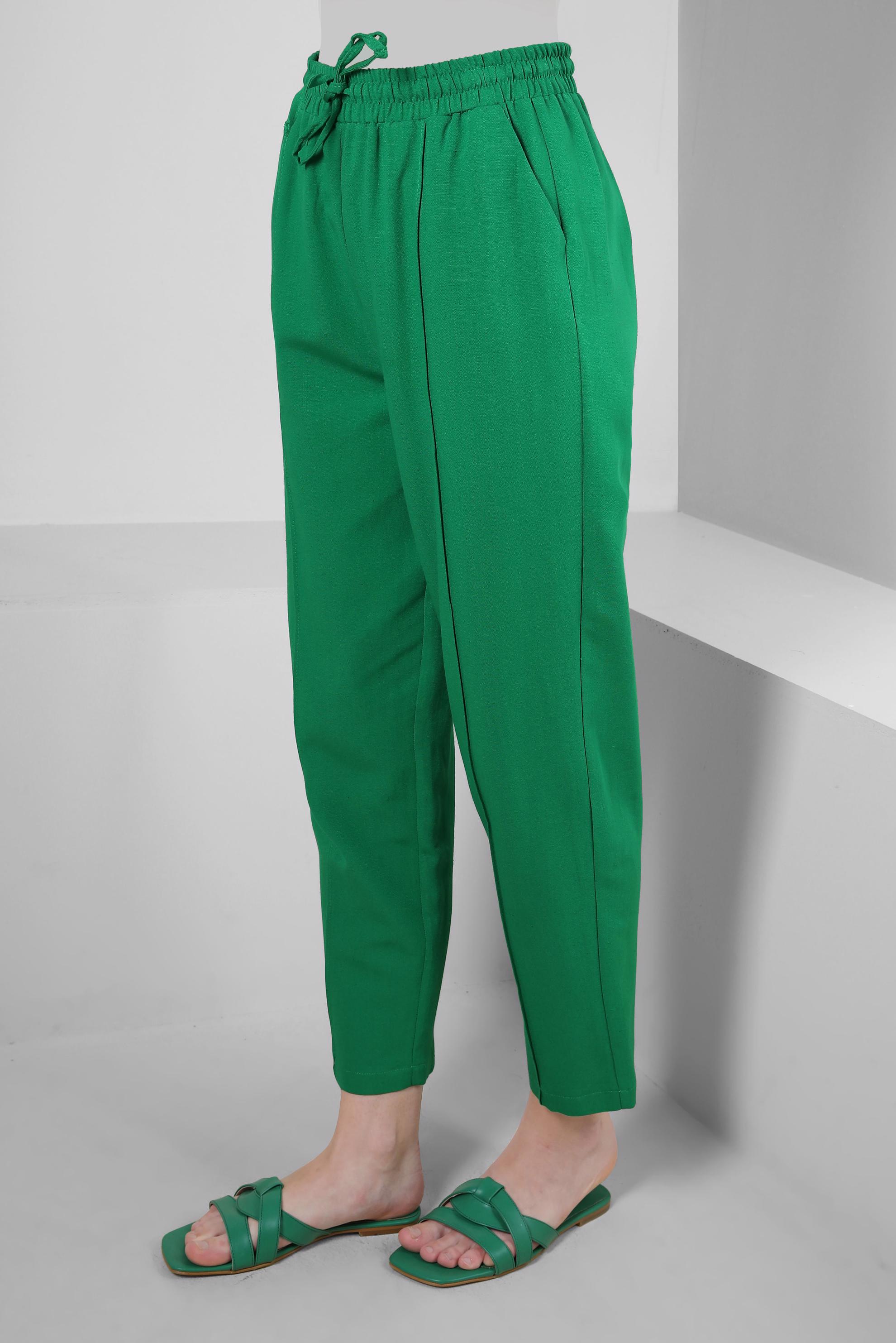 Tesettür giyim YEŞİL BELİ LASTİKLİ KETEN PANTOLON 70518