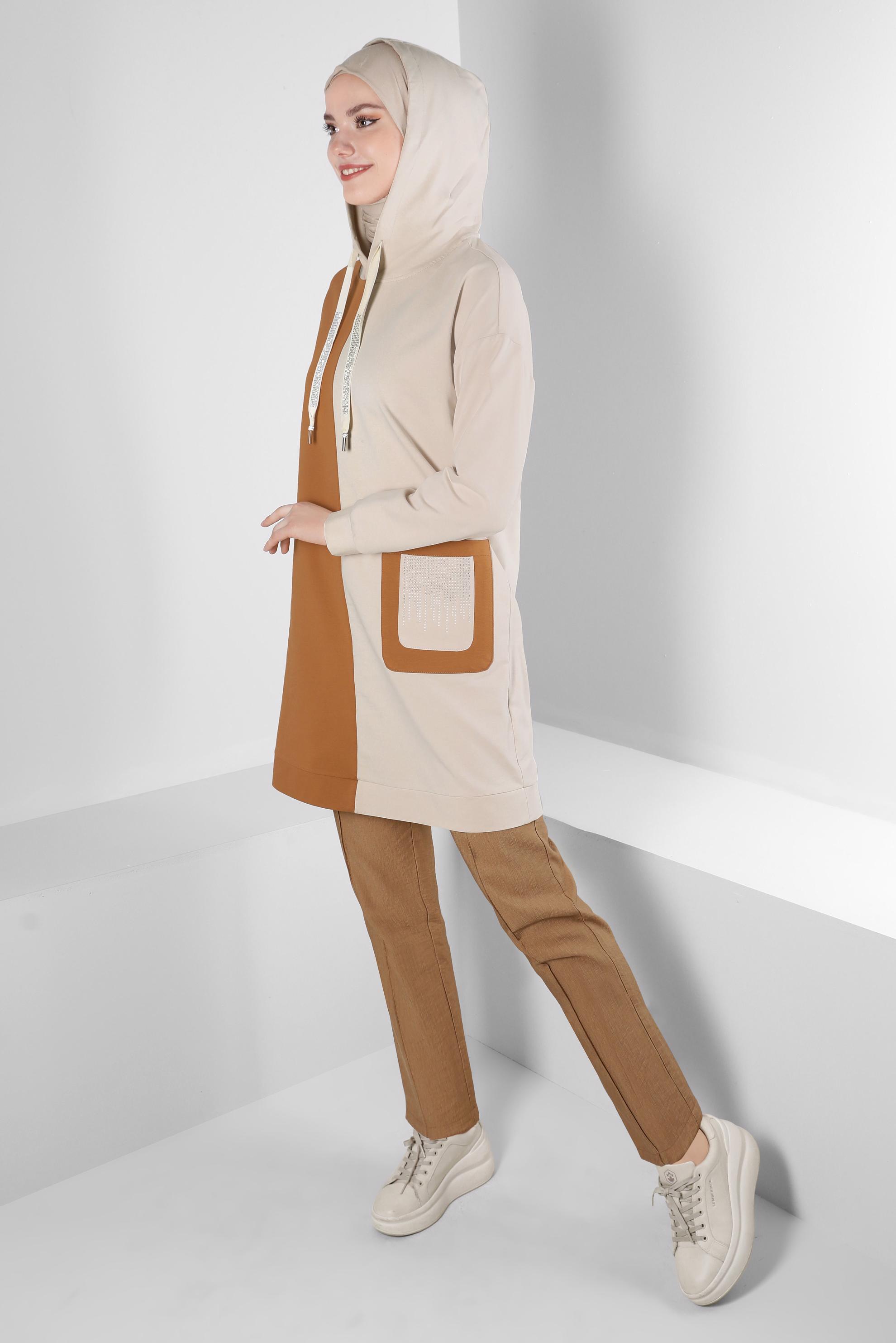 Tesettür giyim KAHVE BELİ LASTİKLİ DİKİŞ DETAYLI PANTOLON 70520