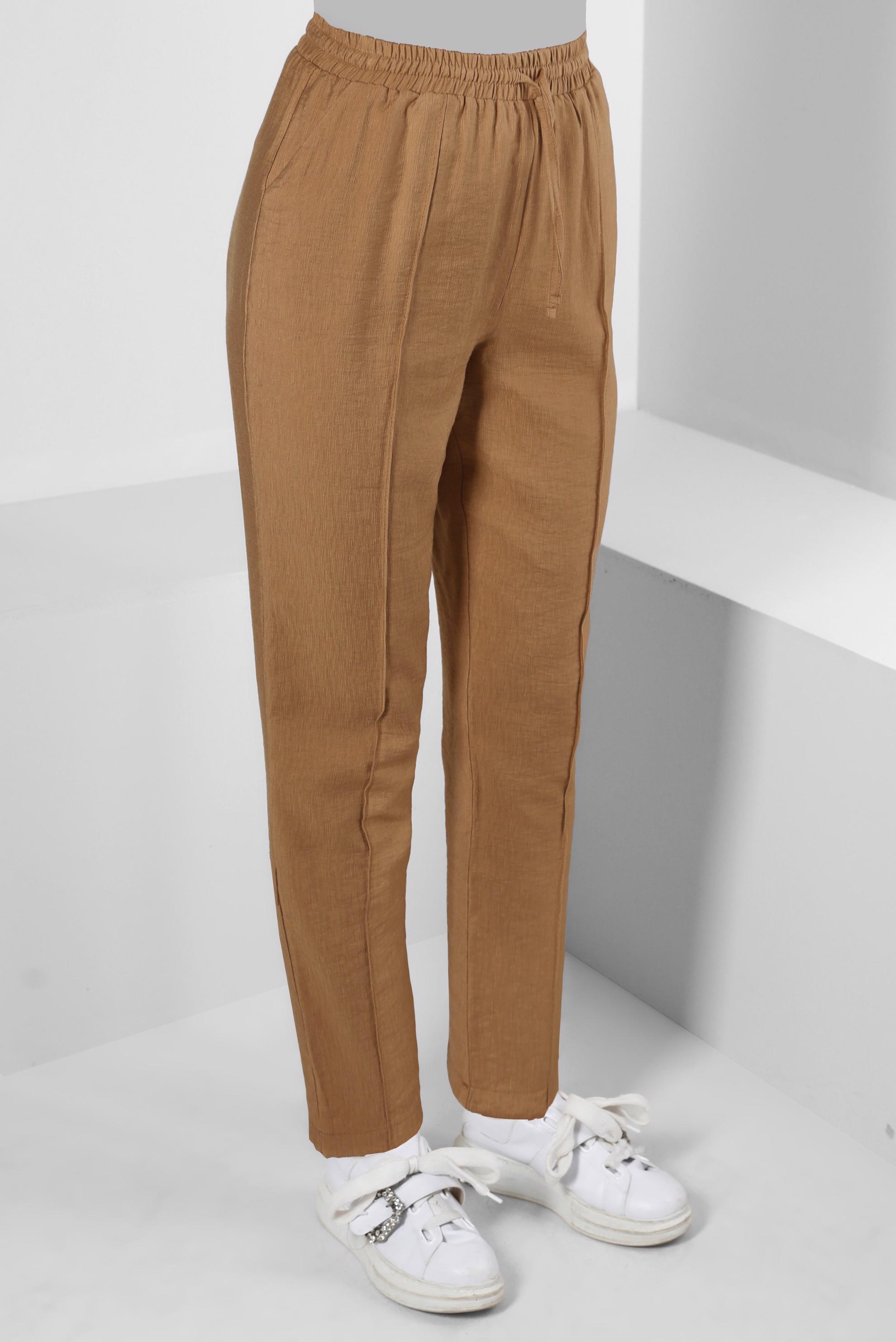 Tesettür giyim KAHVE BELİ LASTİKLİ DİKİŞ DETAYLI PANTOLON 70520