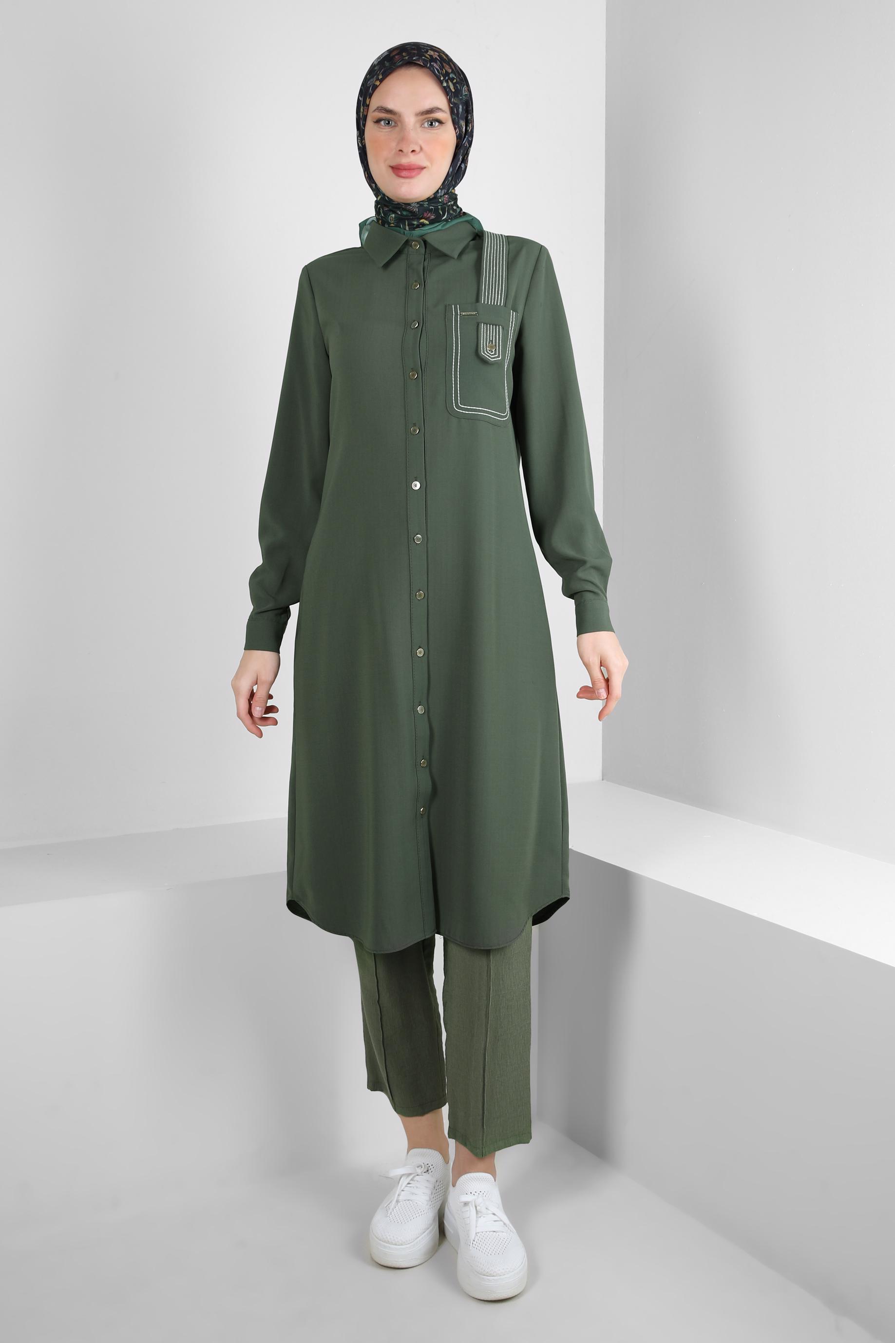 Tesettür giyim HAKİ BELİ LASTİKLİ DİKİŞ DETAYLI PANTOLON 70520