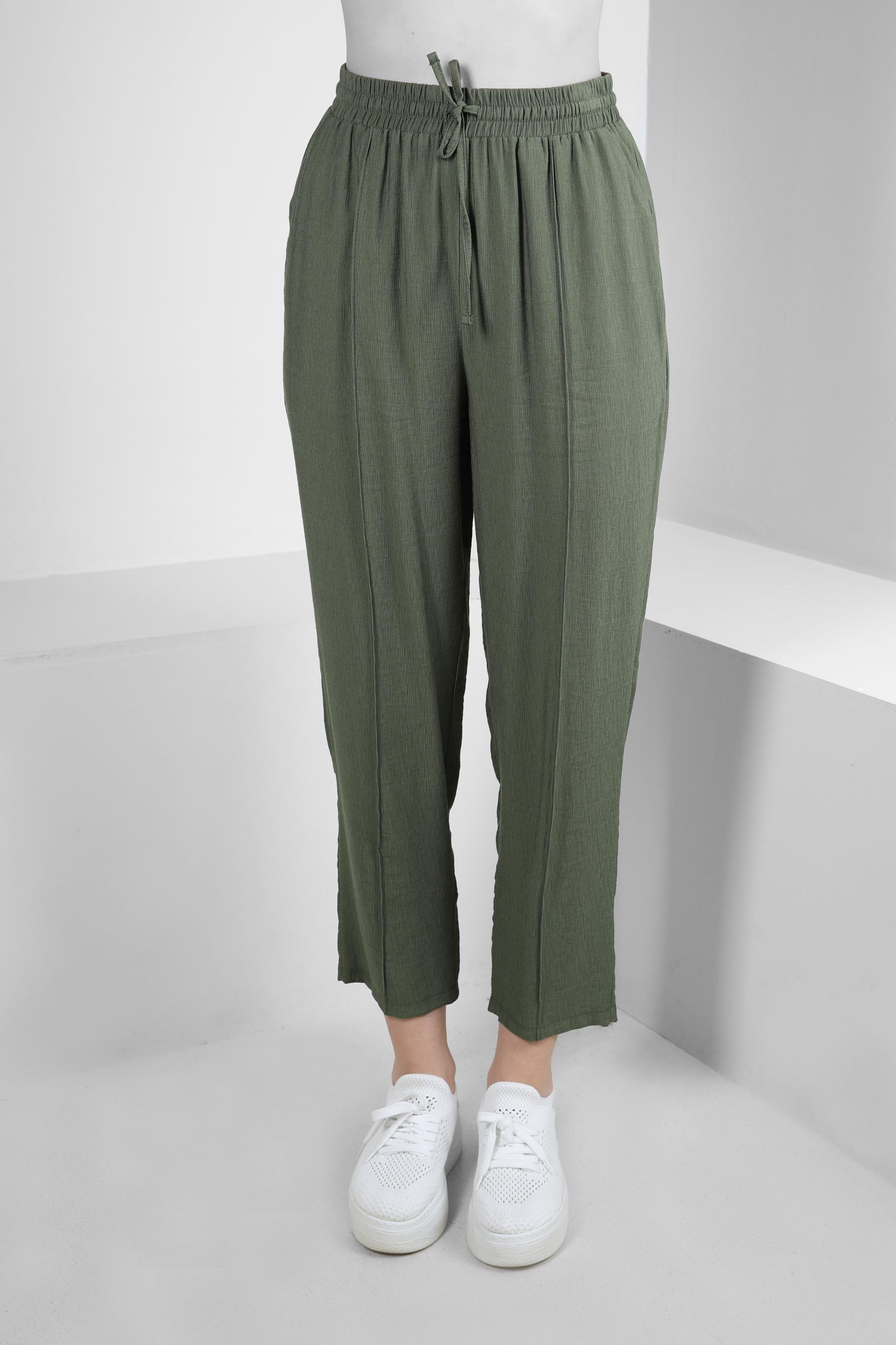 Tesettür giyim HAKİ BELİ LASTİKLİ DİKİŞ DETAYLI PANTOLON 70520