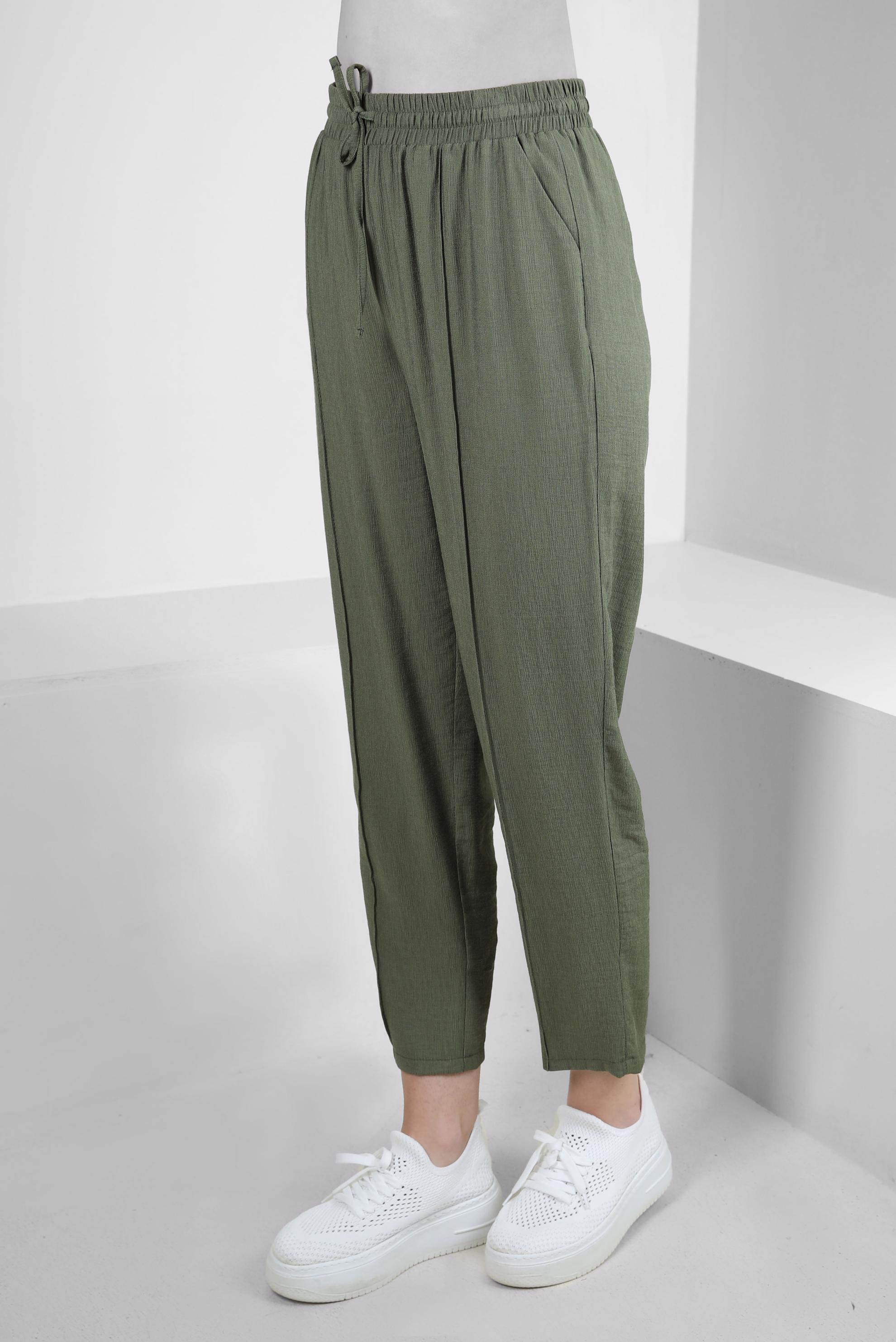 Tesettür giyim HAKİ BELİ LASTİKLİ DİKİŞ DETAYLI PANTOLON 70520