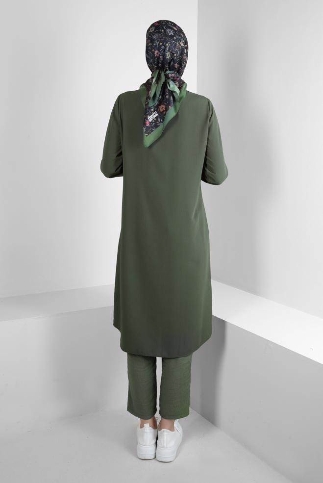 Tesettür giyim HAKİ BELİ LASTİKLİ DİKİŞ DETAYLI PANTOLON 70520 - ALVİNA