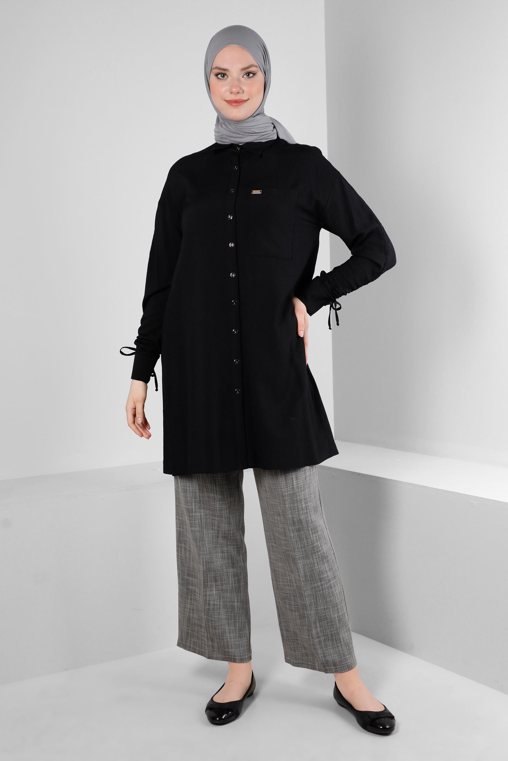 Tesettür giyim SİYAH BELİ LASTİKLİ GENİŞ PAÇA PANTOLON 70521