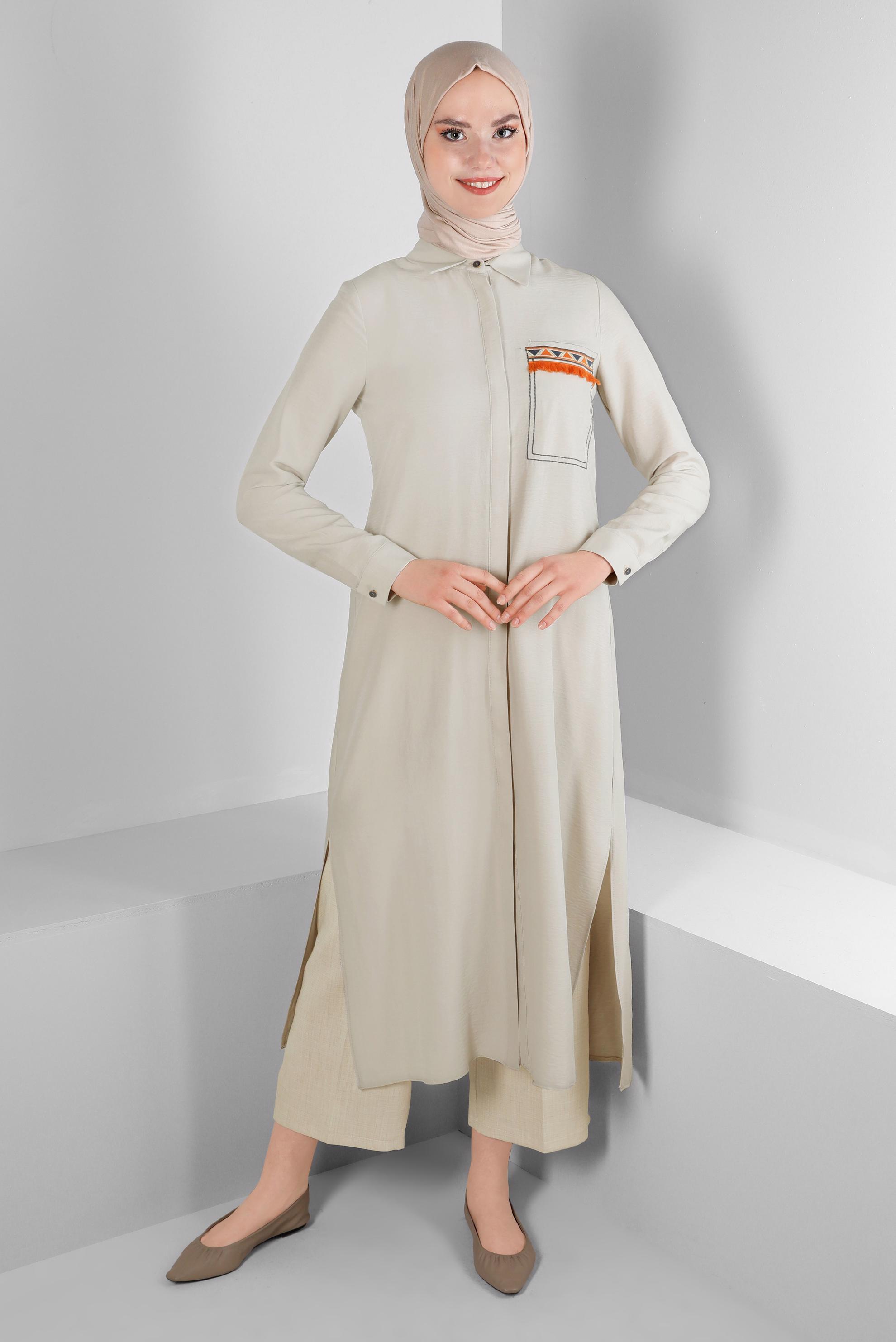 Tesettür giyim BEJ BELİ LASTİKLİ GENİŞ PAÇA PANTOLON 70521