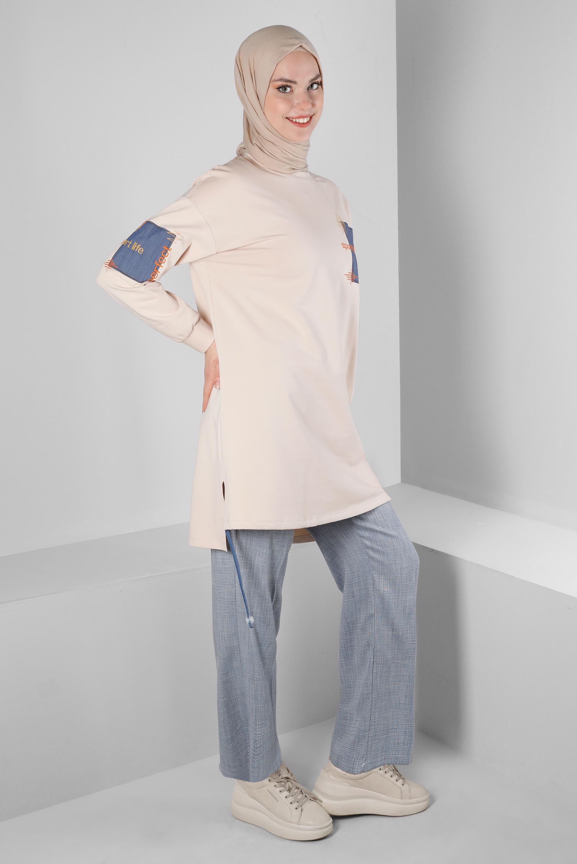 Tesettür giyim MAVİ BELİ LASTİKLİ GENİŞ PAÇA PANTOLON 70521