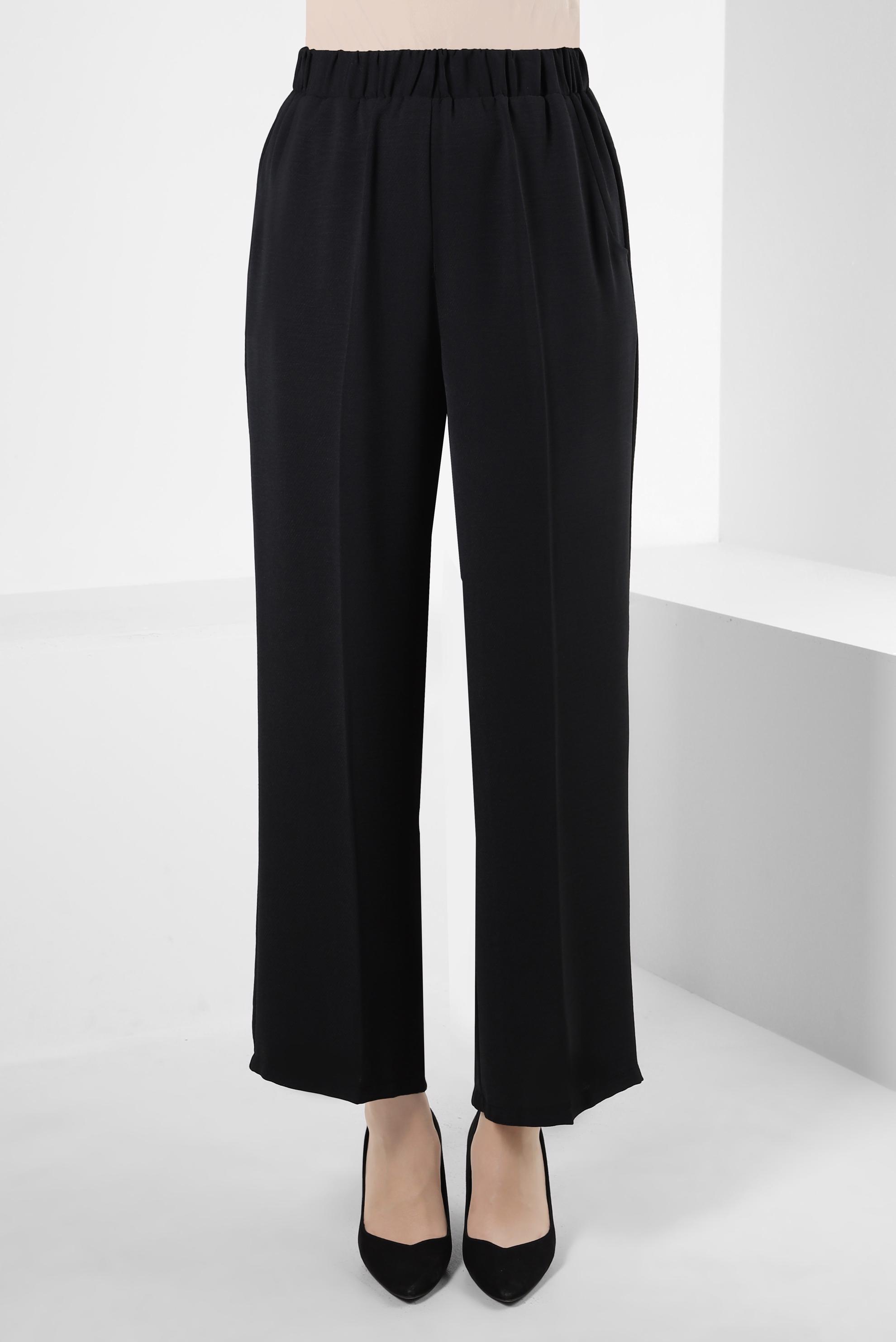 Tesettür giyim SİYAH GENİŞ PAÇA BELİ LASTİKLİ CEPLİ PANTOLON 70522