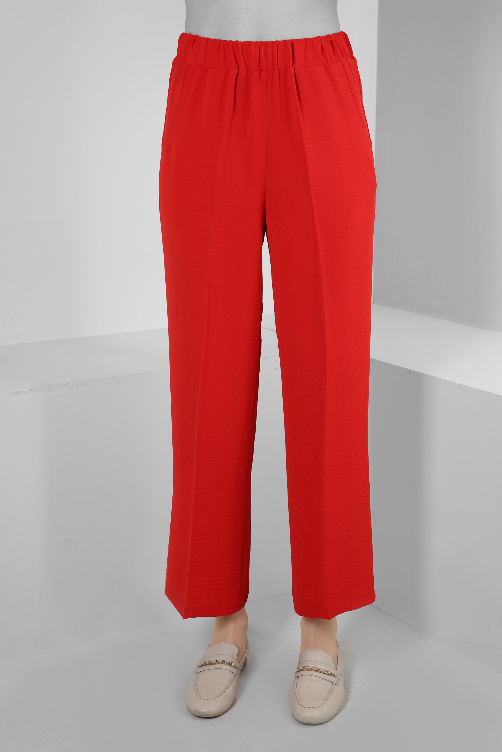 Tesettür giyim KIRMIZI GENİŞ PAÇA BELİ LASTİKLİ CEPLİ PANTOLON 70522