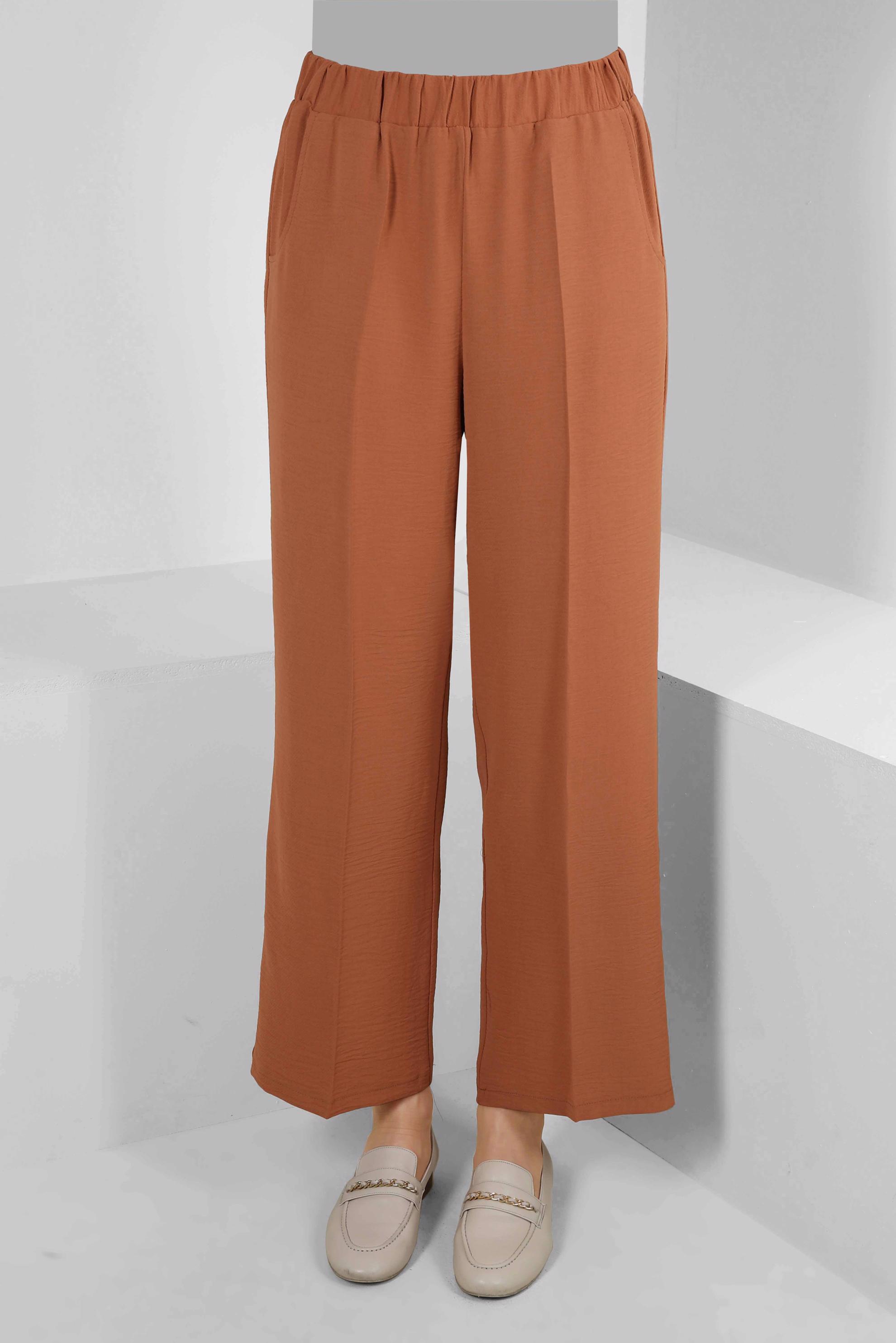 Tesettür giyim KAHVE GENİŞ PAÇA BELİ LASTİKLİ CEPLİ PANTOLON 70522