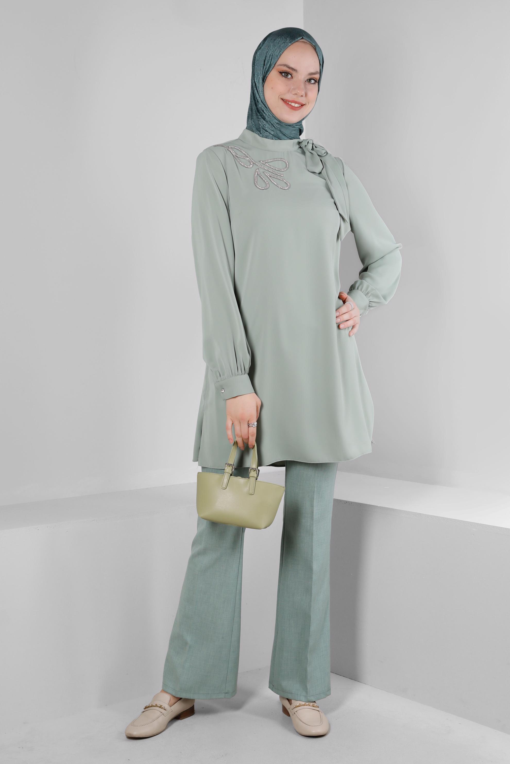 Tesettür giyim YEŞİL İSPANYOL PAÇA KLASİK PANTOLON 70523