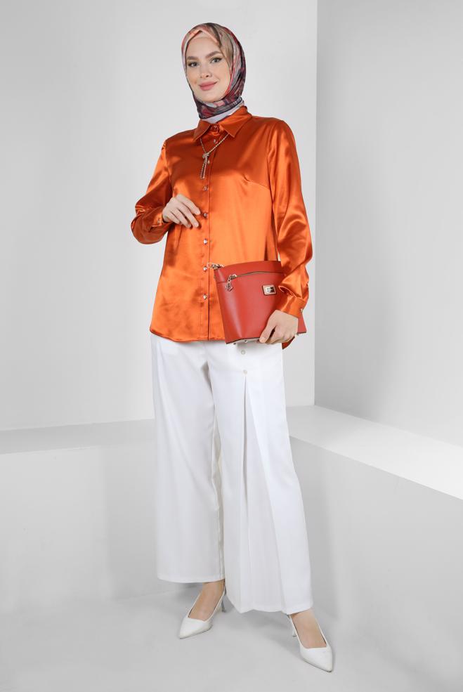 Tesettür giyim  PİLE DETAYLI DÜĞMELİ GENİŞ PAÇA PANTOLON 70524 - ALVİNA