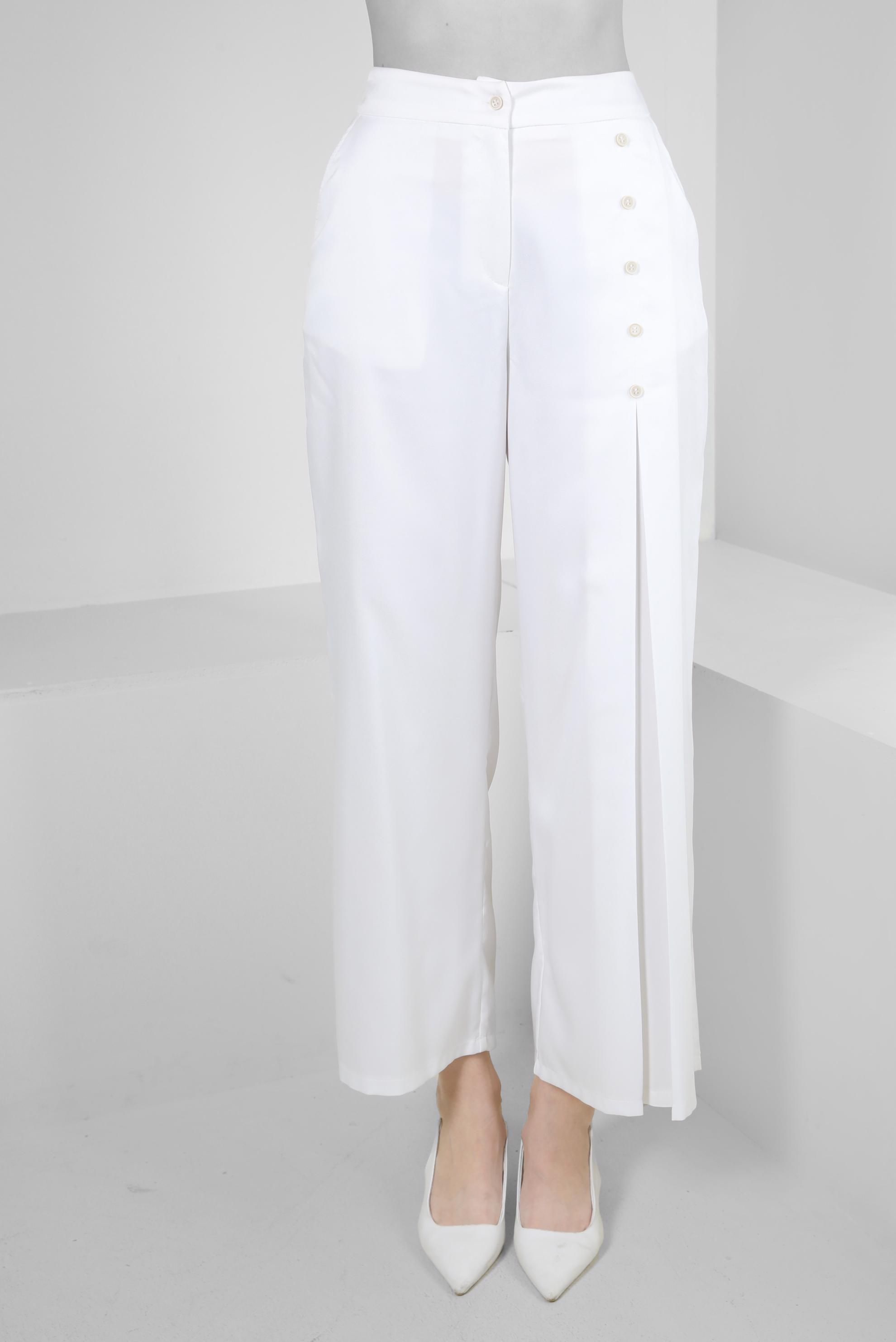 Tesettür giyim BEYAZ PİLE DETAYLI DÜĞMELİ GENİŞ PAÇA PANTOLON 70524