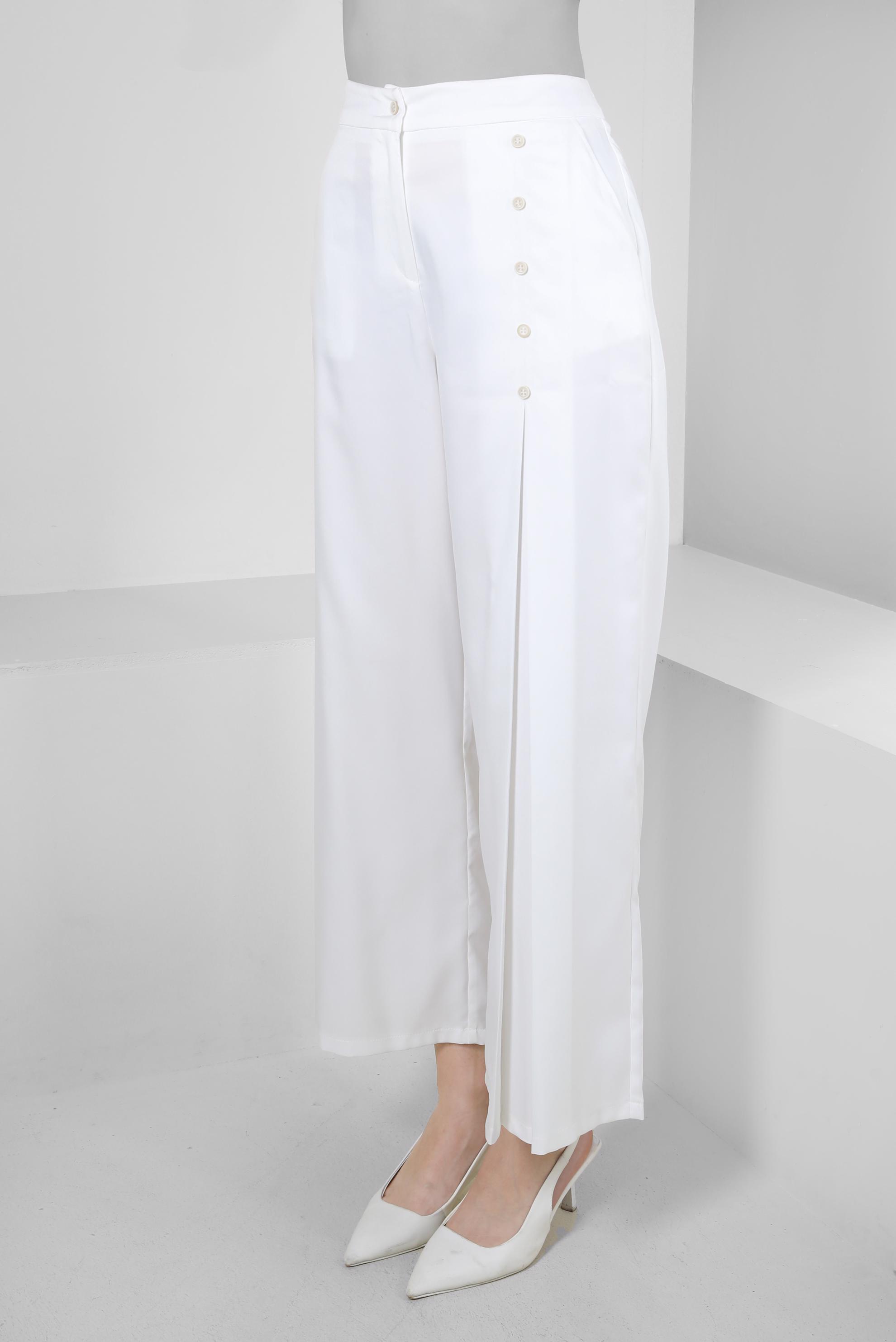 Tesettür giyim BEYAZ PİLE DETAYLI DÜĞMELİ GENİŞ PAÇA PANTOLON 70524