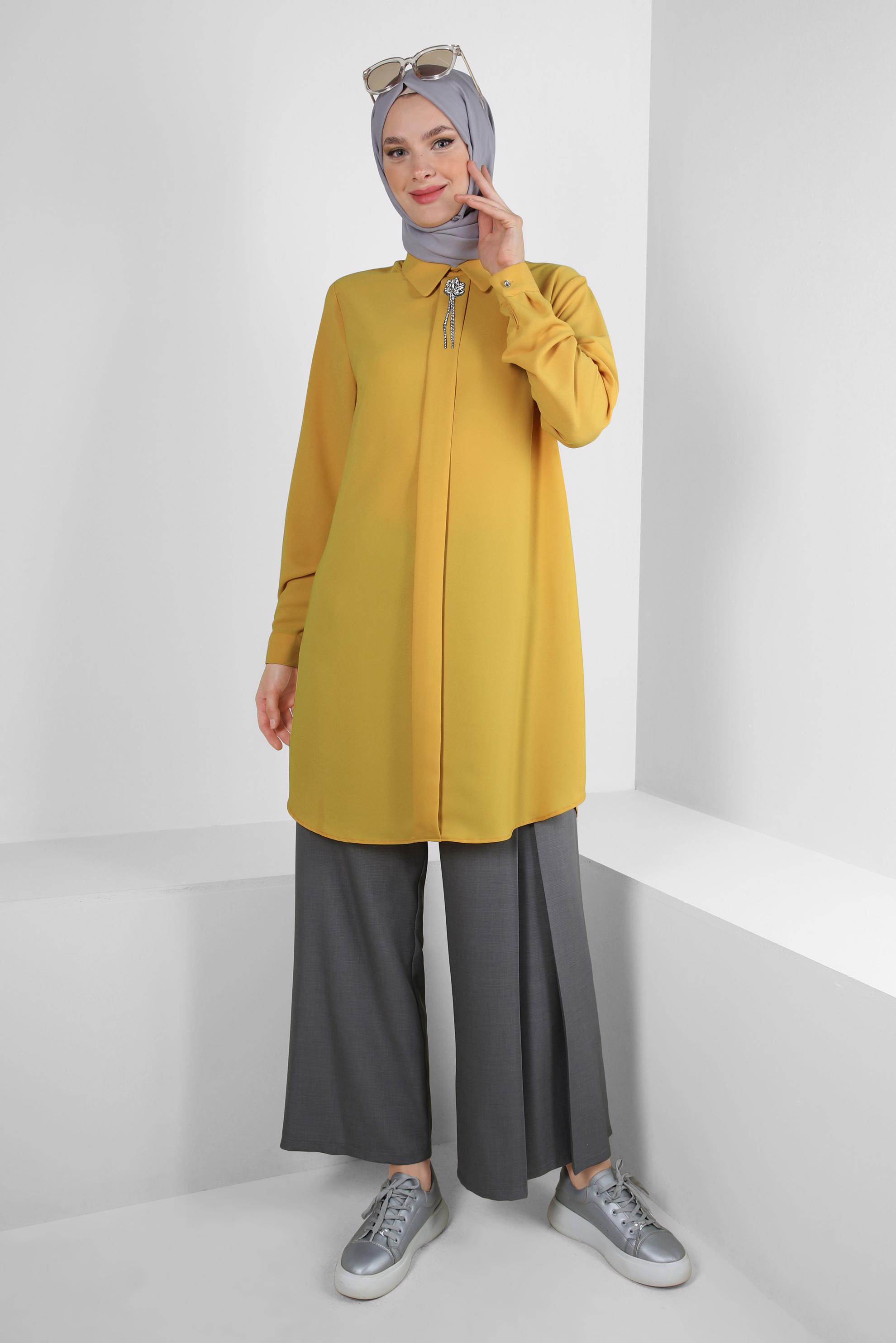 Tesettür giyim GRİ PİLE DETAYLI DÜĞMELİ GENİŞ PAÇA PANTOLON 70524