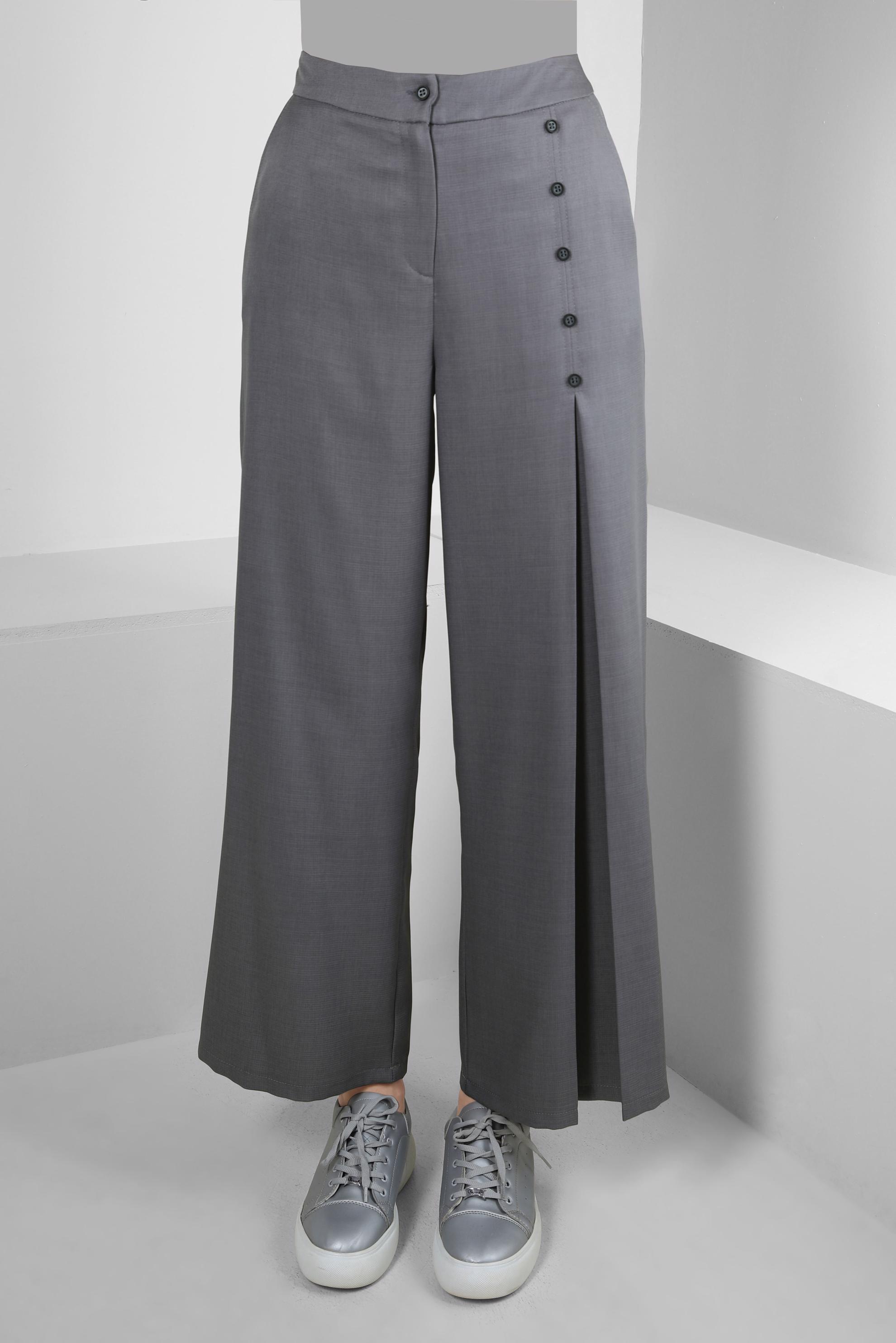 Tesettür giyim GRİ PİLE DETAYLI DÜĞMELİ GENİŞ PAÇA PANTOLON 70524