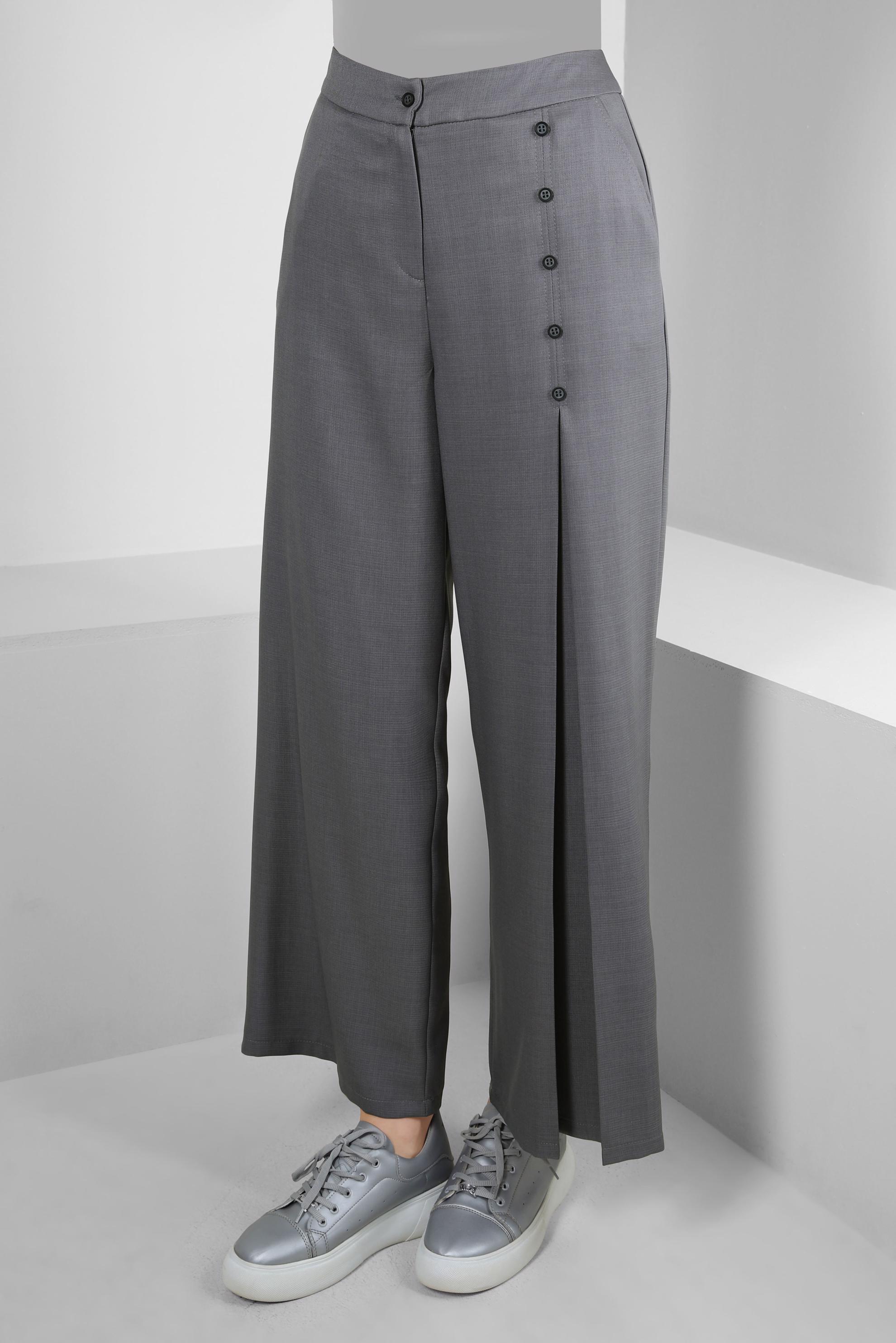 Tesettür giyim GRİ PİLE DETAYLI DÜĞMELİ GENİŞ PAÇA PANTOLON 70524