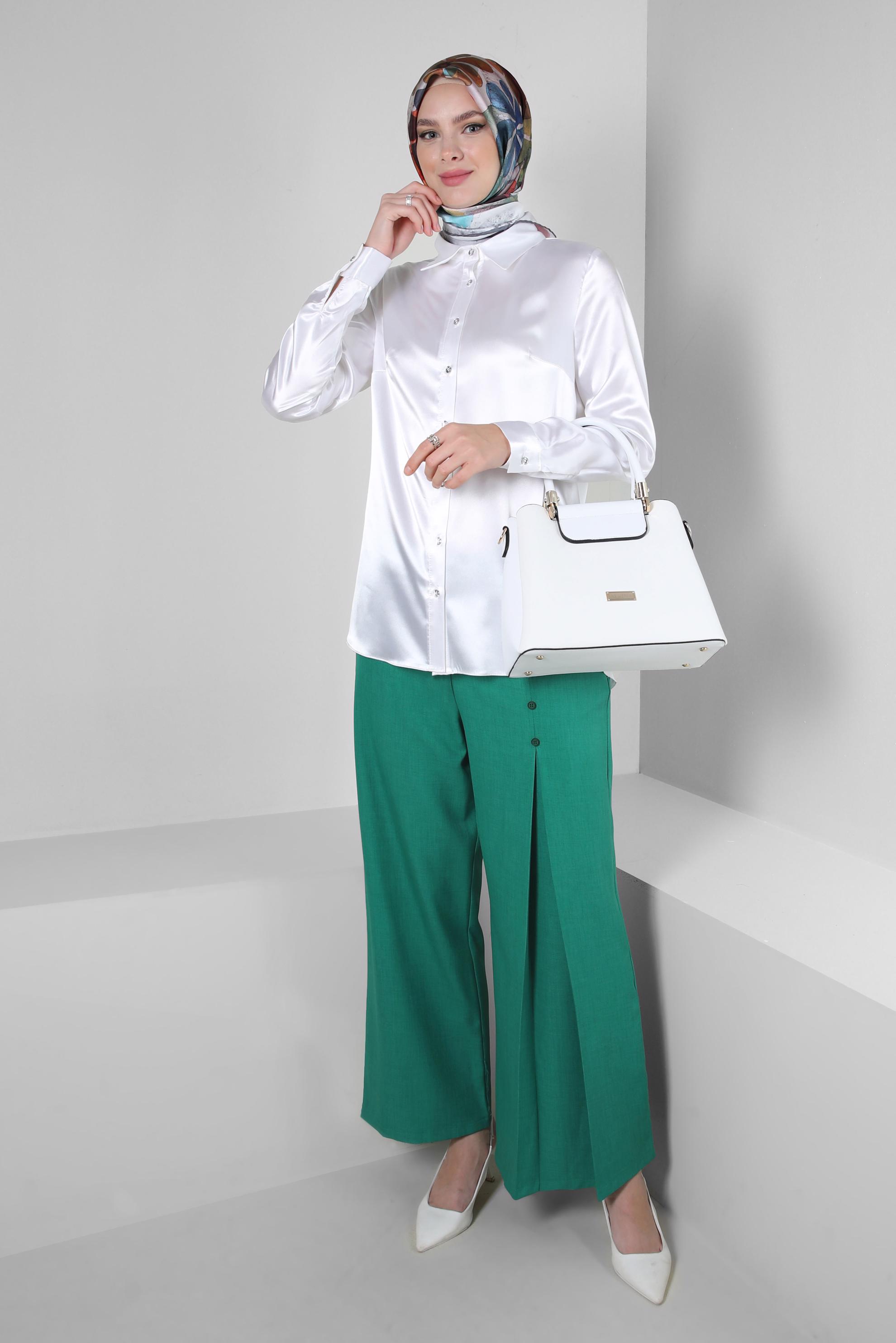 Tesettür giyim YEŞİL PİLE DETAYLI DÜĞMELİ GENİŞ PAÇA PANTOLON 70524