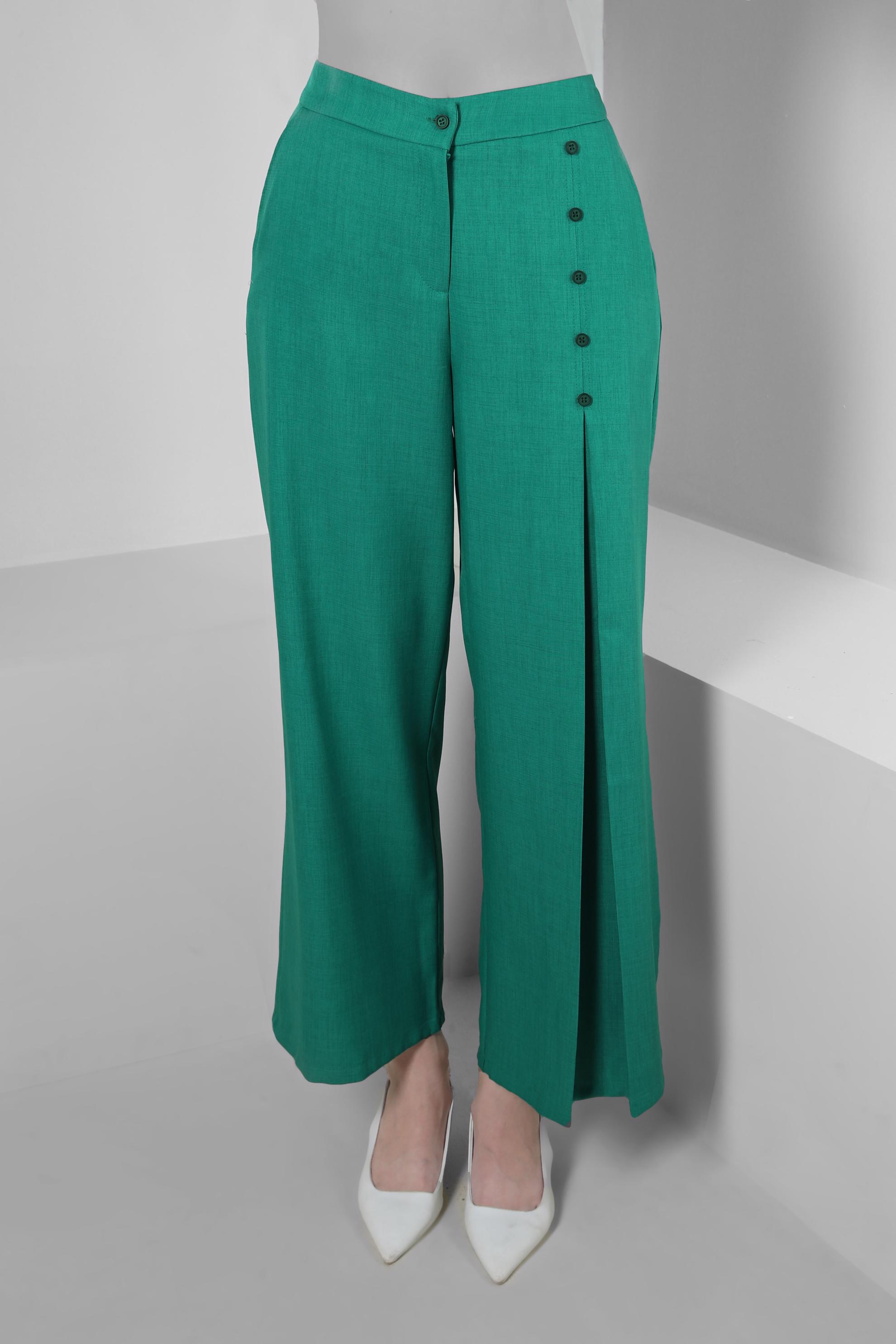 Tesettür giyim YEŞİL PİLE DETAYLI DÜĞMELİ GENİŞ PAÇA PANTOLON 70524