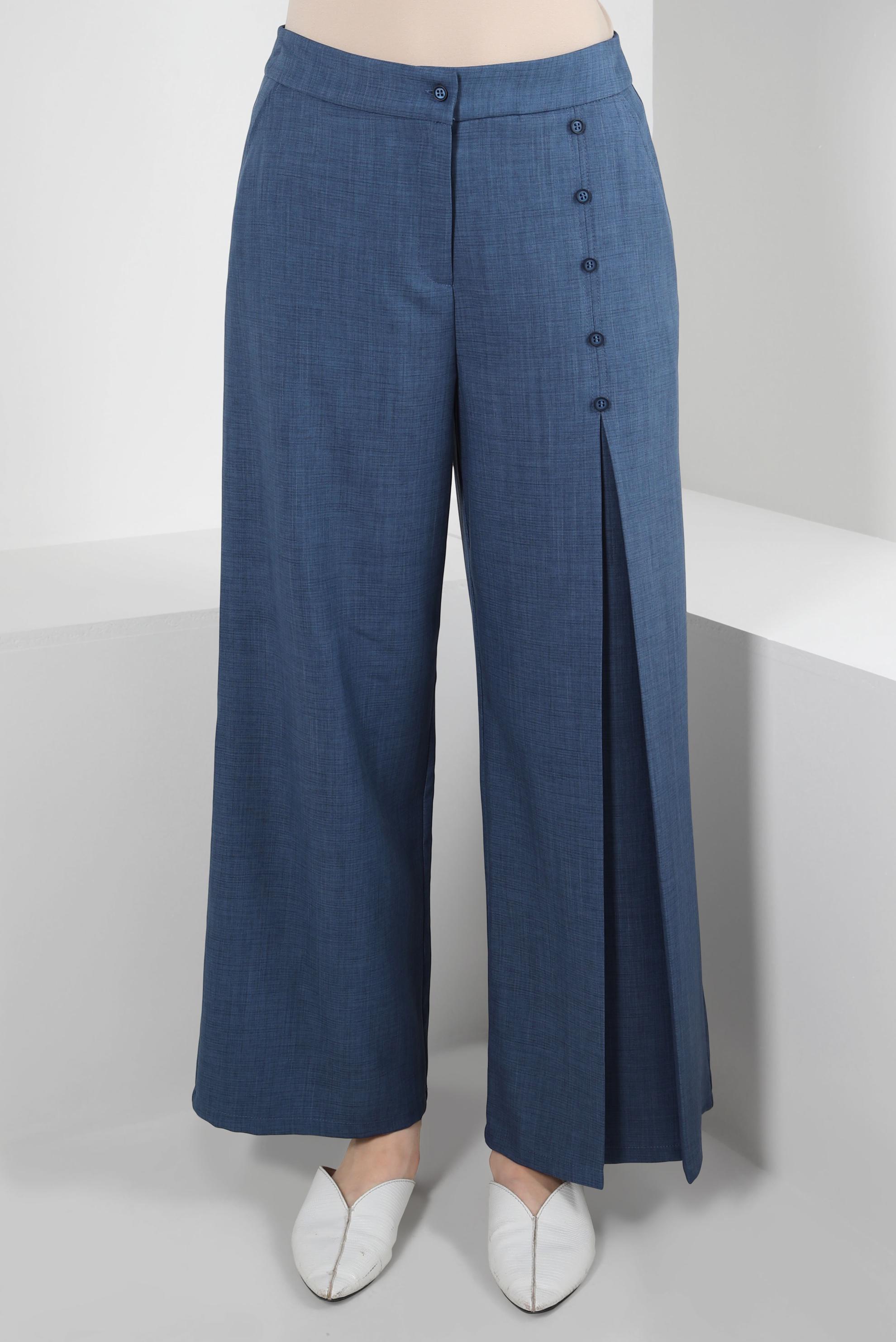 Tesettür giyim LACİVERT PİLE DETAYLI DÜĞMELİ GENİŞ PAÇA PANTOLON 70524