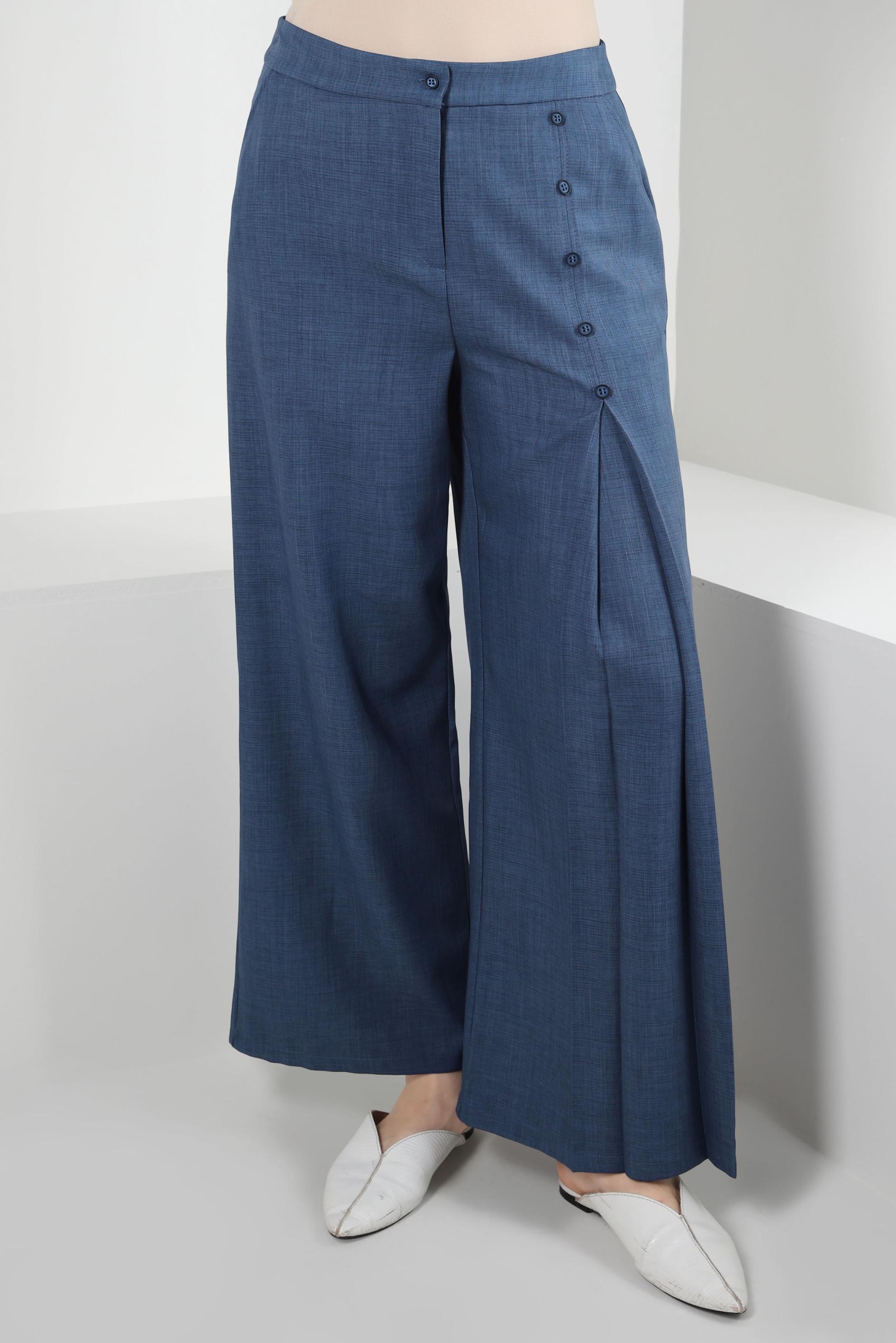 Tesettür giyim LACİVERT PİLE DETAYLI DÜĞMELİ GENİŞ PAÇA PANTOLON 70524