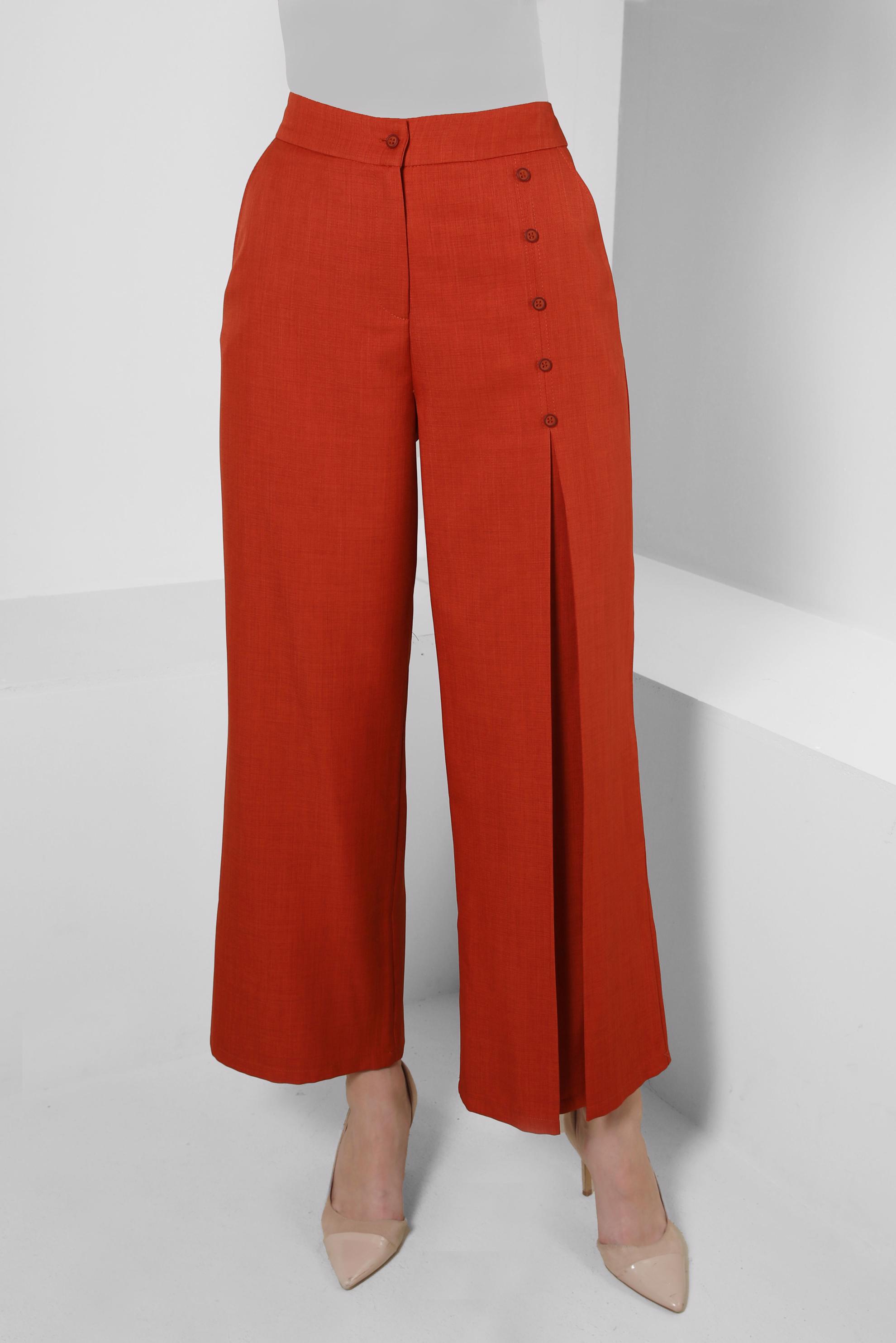 Tesettür giyim BORDO PİLE DETAYLI DÜĞMELİ GENİŞ PAÇA PANTOLON 70524