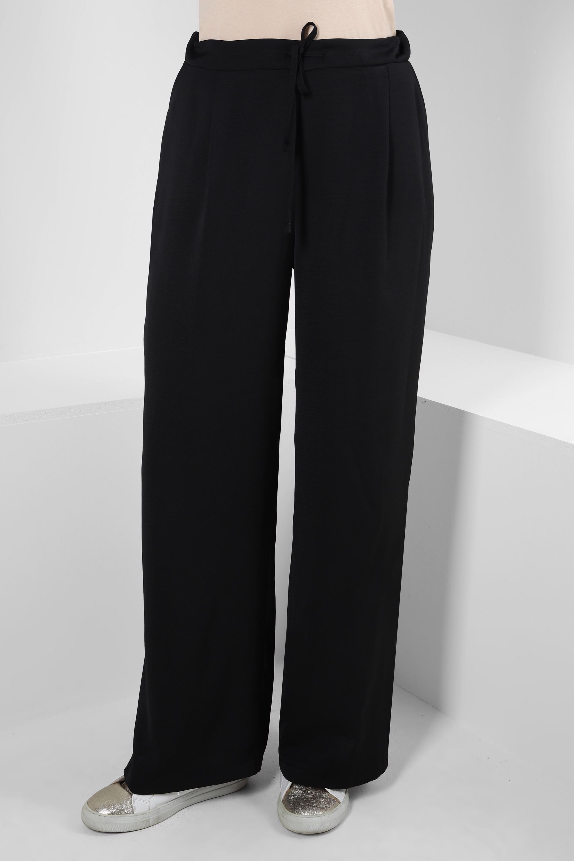 Tesettür giyim SİYAH GENİŞ PAÇA BAĞCIK DETAYLI PANTOLON 70528