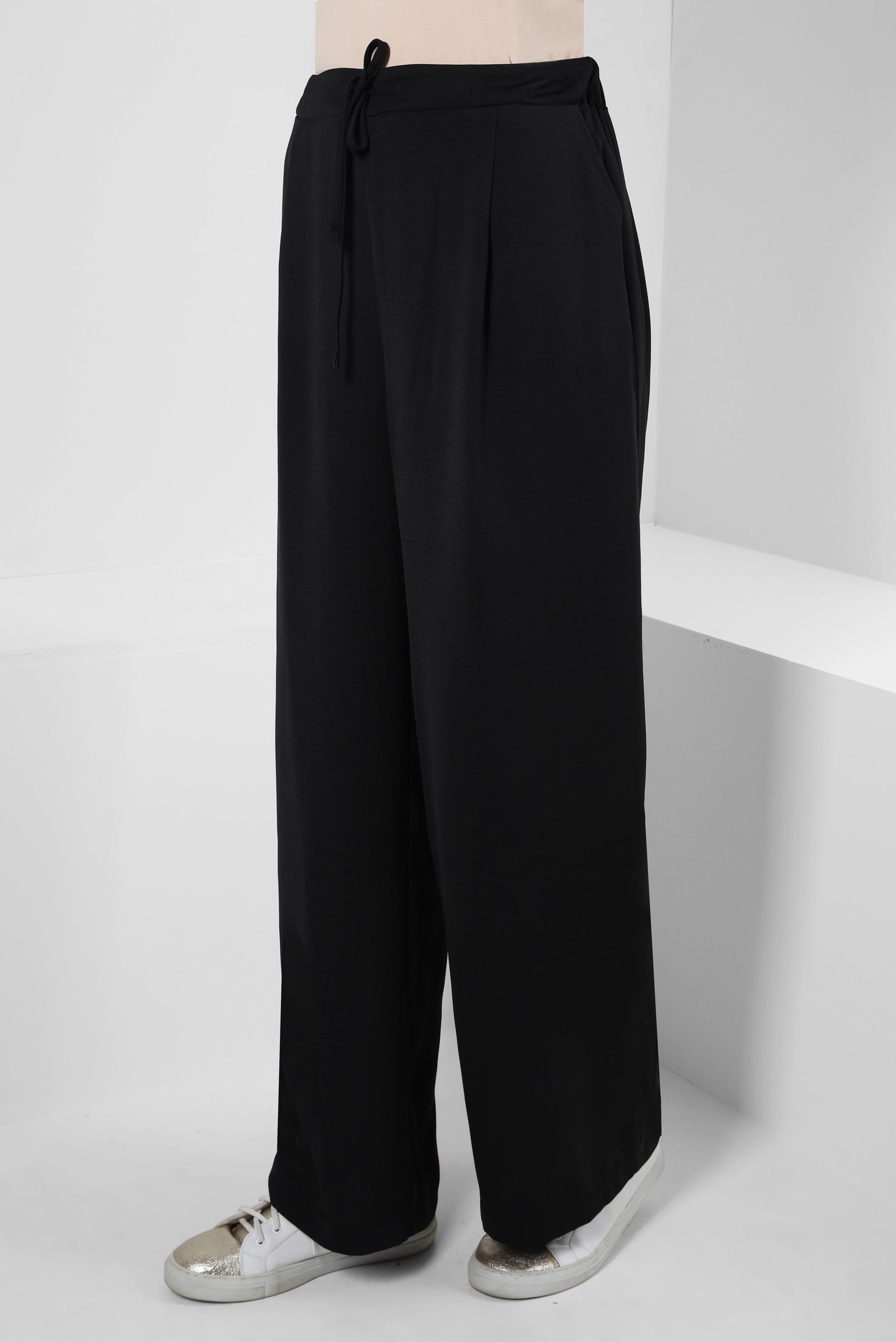 Tesettür giyim SİYAH GENİŞ PAÇA BAĞCIK DETAYLI PANTOLON 70528