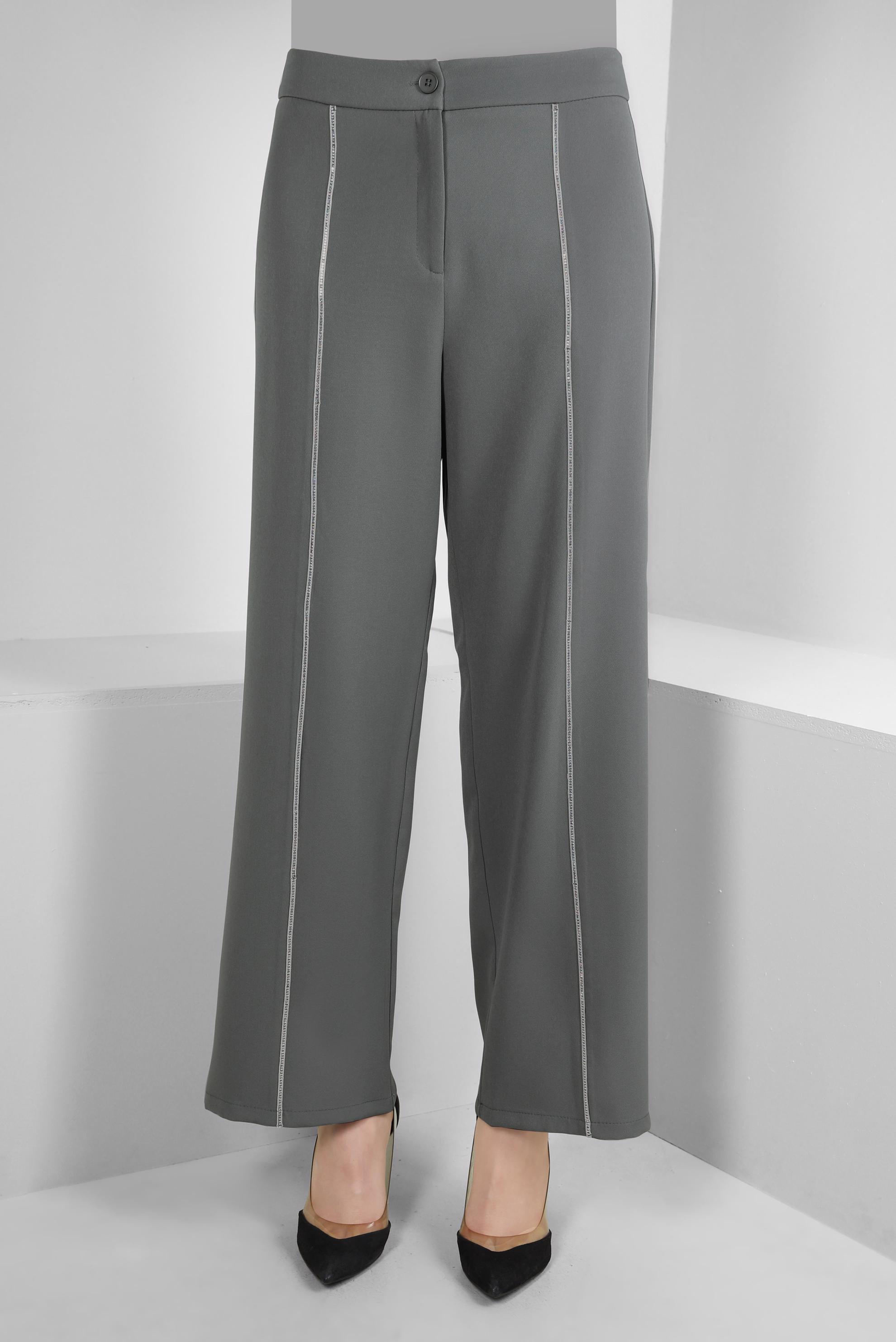 Tesettür giyim GRİ ŞERİT DETAYLI GENİŞ PAÇA PANTOLON 70530