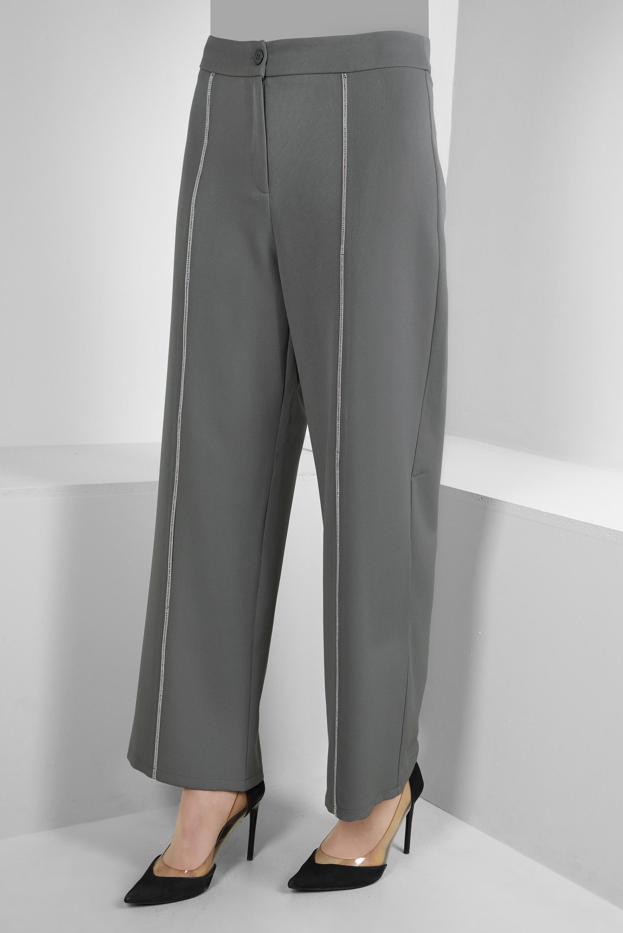 Tesettür giyim GRİ ŞERİT DETAYLI GENİŞ PAÇA PANTOLON 70530