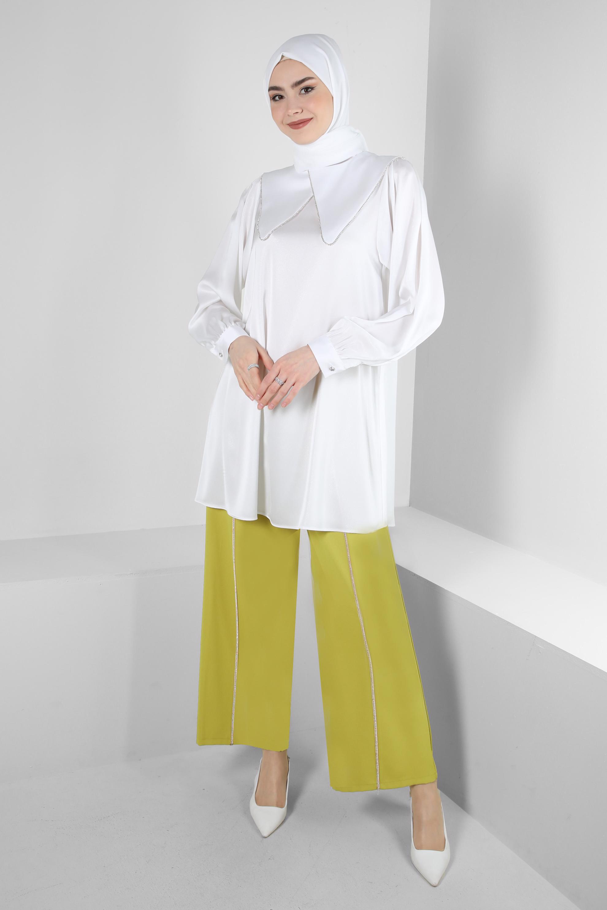 Tesettür giyim YEŞİL ŞERİT DETAYLI GENİŞ PAÇA PANTOLON 70530